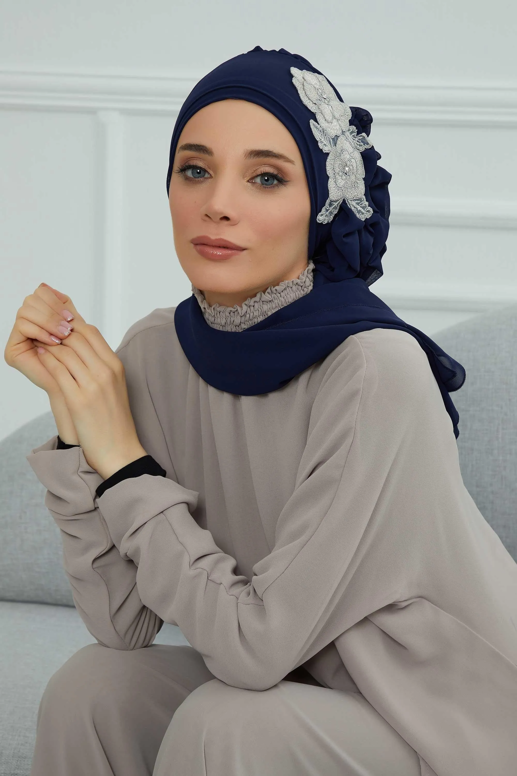 Side Frilled Instant Turban Chiffon Scarf Head Turbans with Unique Flower Accessory For Women Headwear Stylish Elegant Design,HT-102