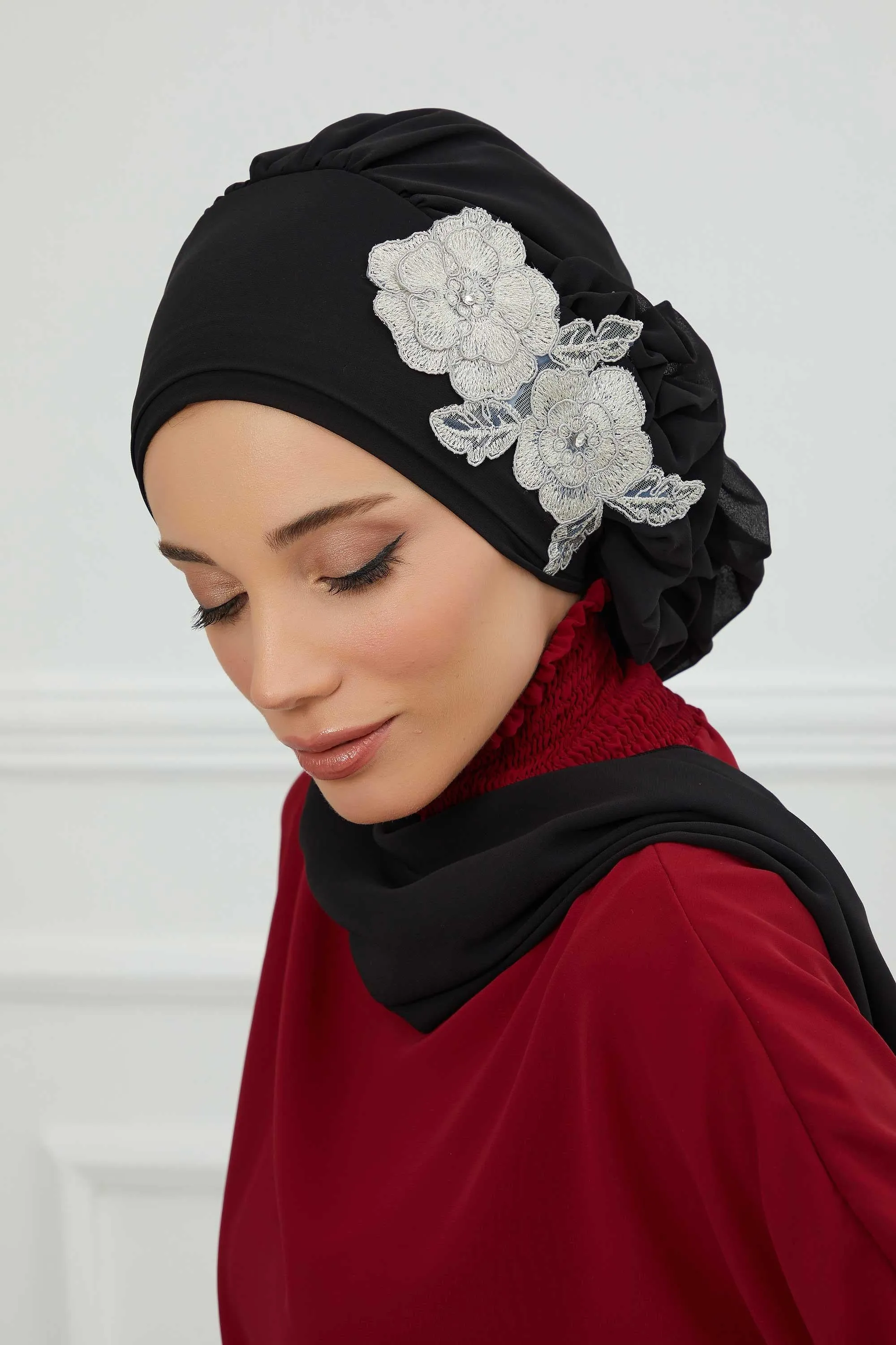 Side Frilled Instant Turban Chiffon Scarf Head Turbans with Unique Flower Accessory For Women Headwear Stylish Elegant Design,HT-102