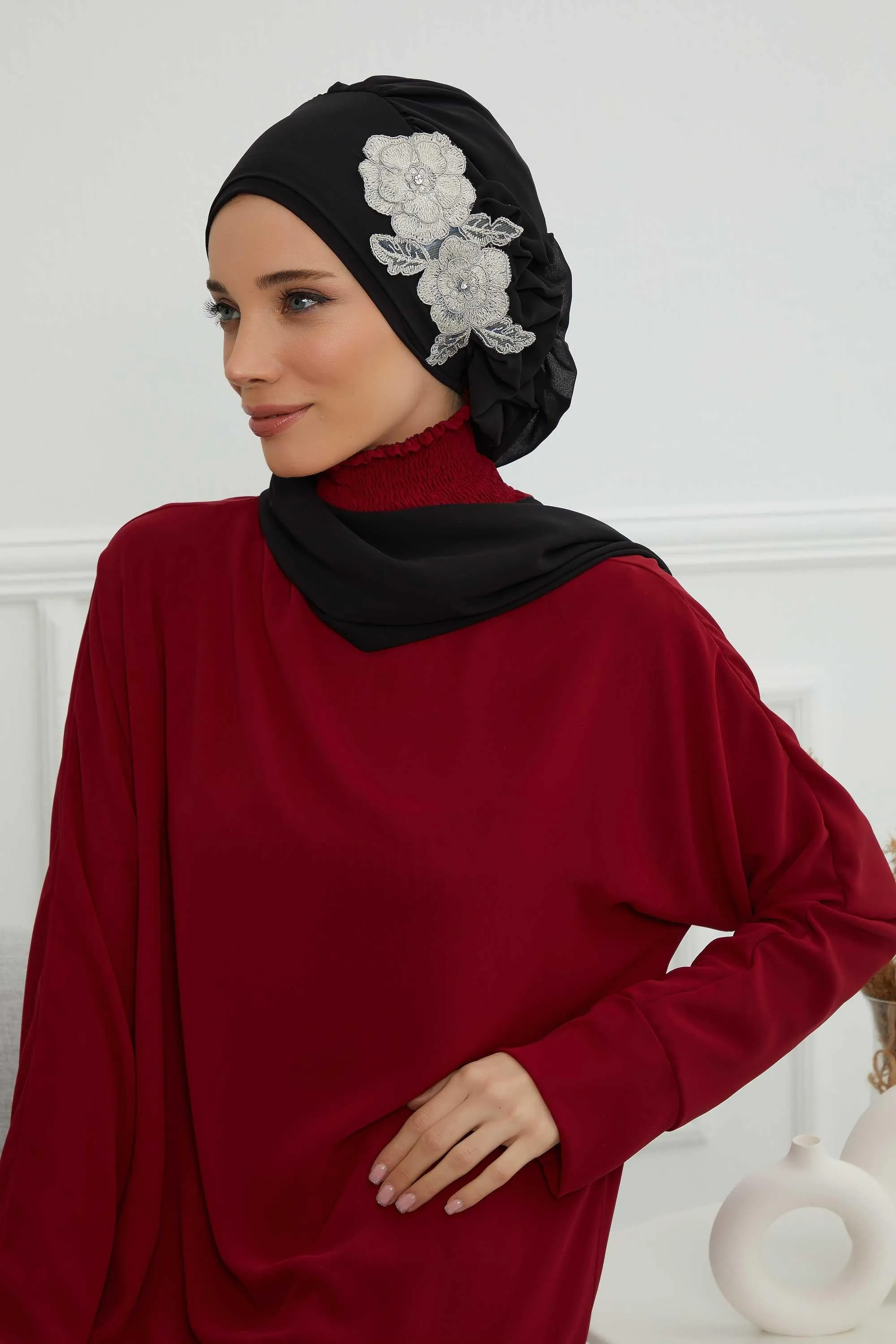 Side Frilled Instant Turban Chiffon Scarf Head Turbans with Unique Flower Accessory For Women Headwear Stylish Elegant Design,HT-102