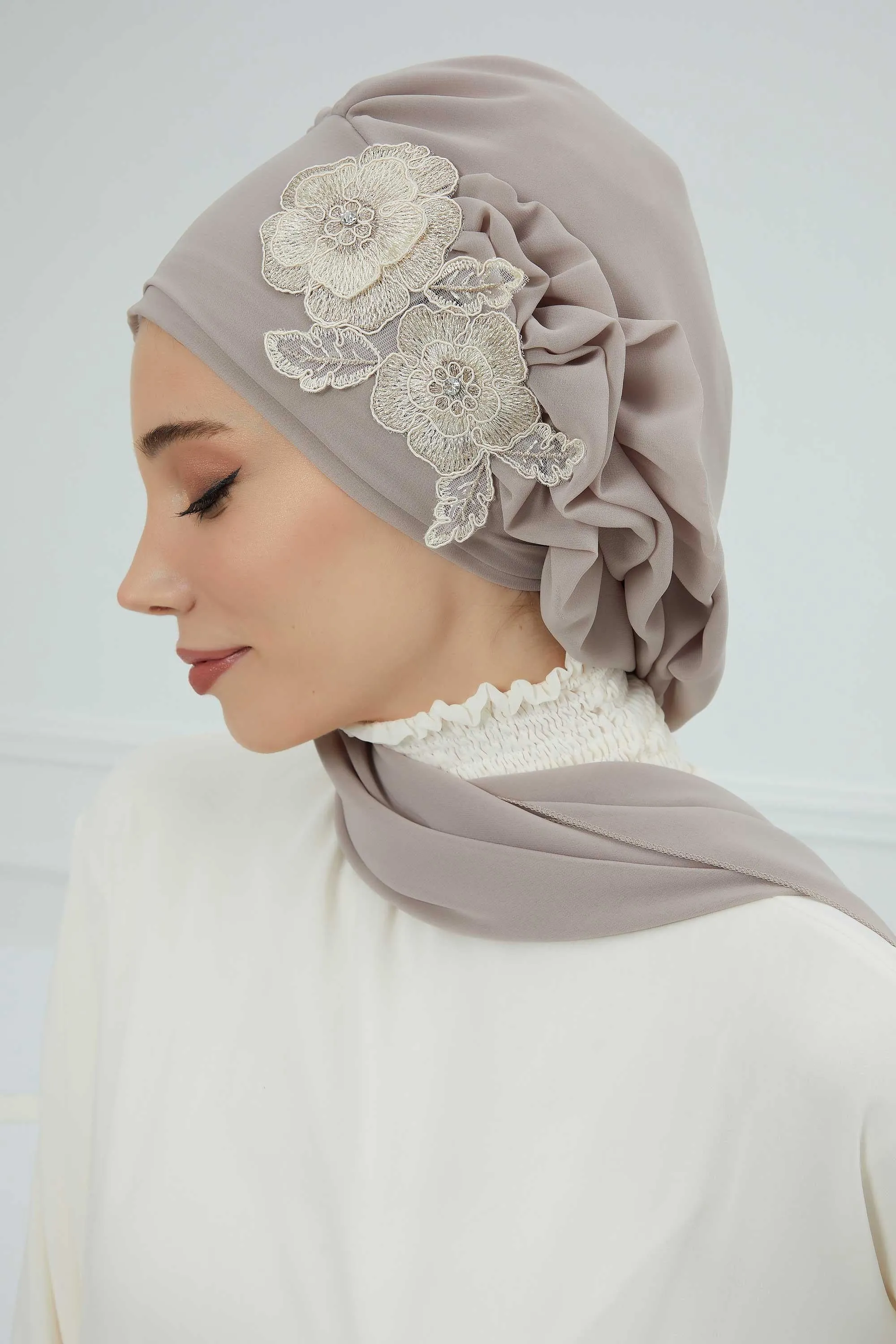Side Frilled Instant Turban Chiffon Scarf Head Turbans with Unique Flower Accessory For Women Headwear Stylish Elegant Design,HT-102