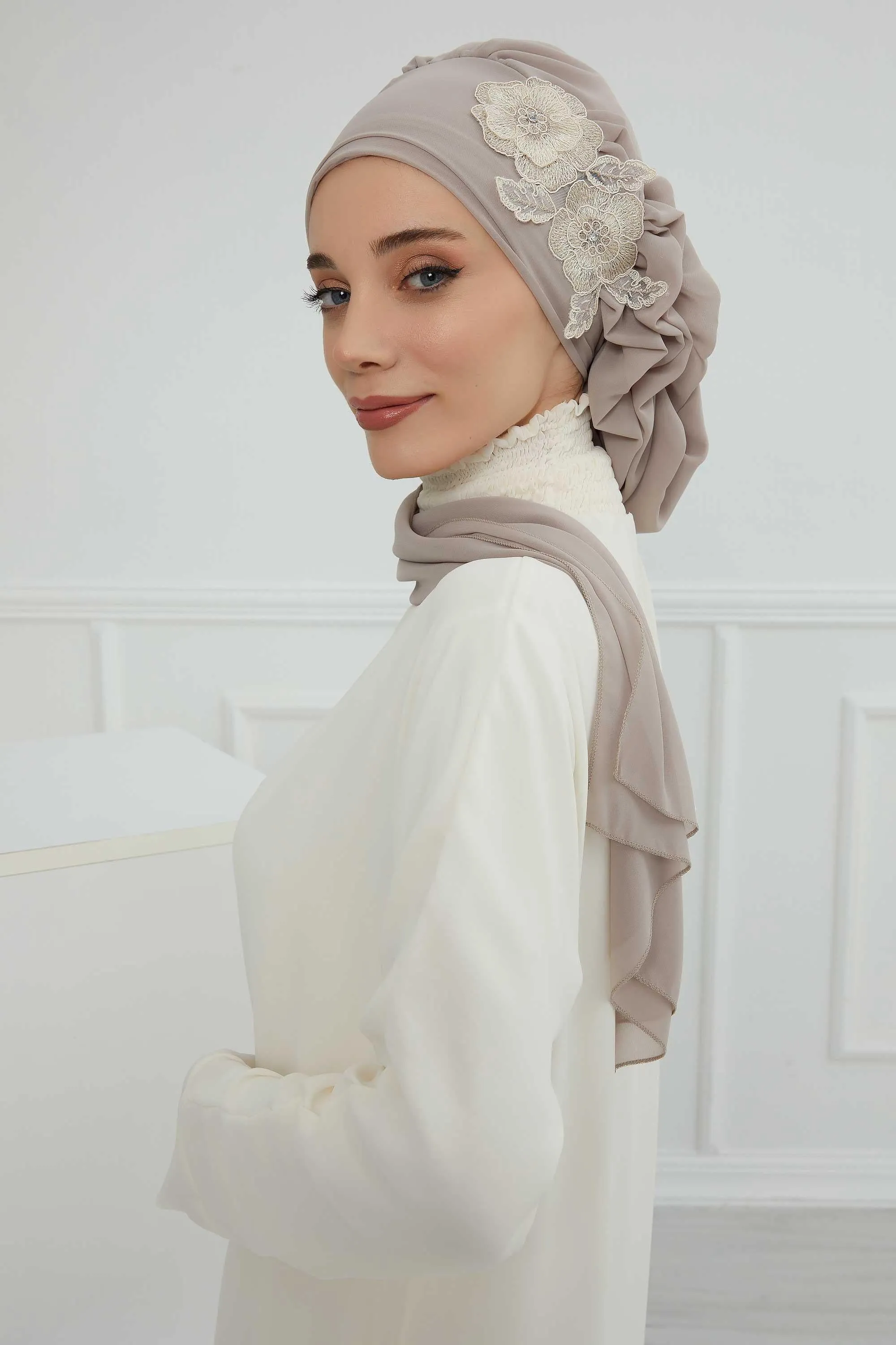 Side Frilled Instant Turban Chiffon Scarf Head Turbans with Unique Flower Accessory For Women Headwear Stylish Elegant Design,HT-102