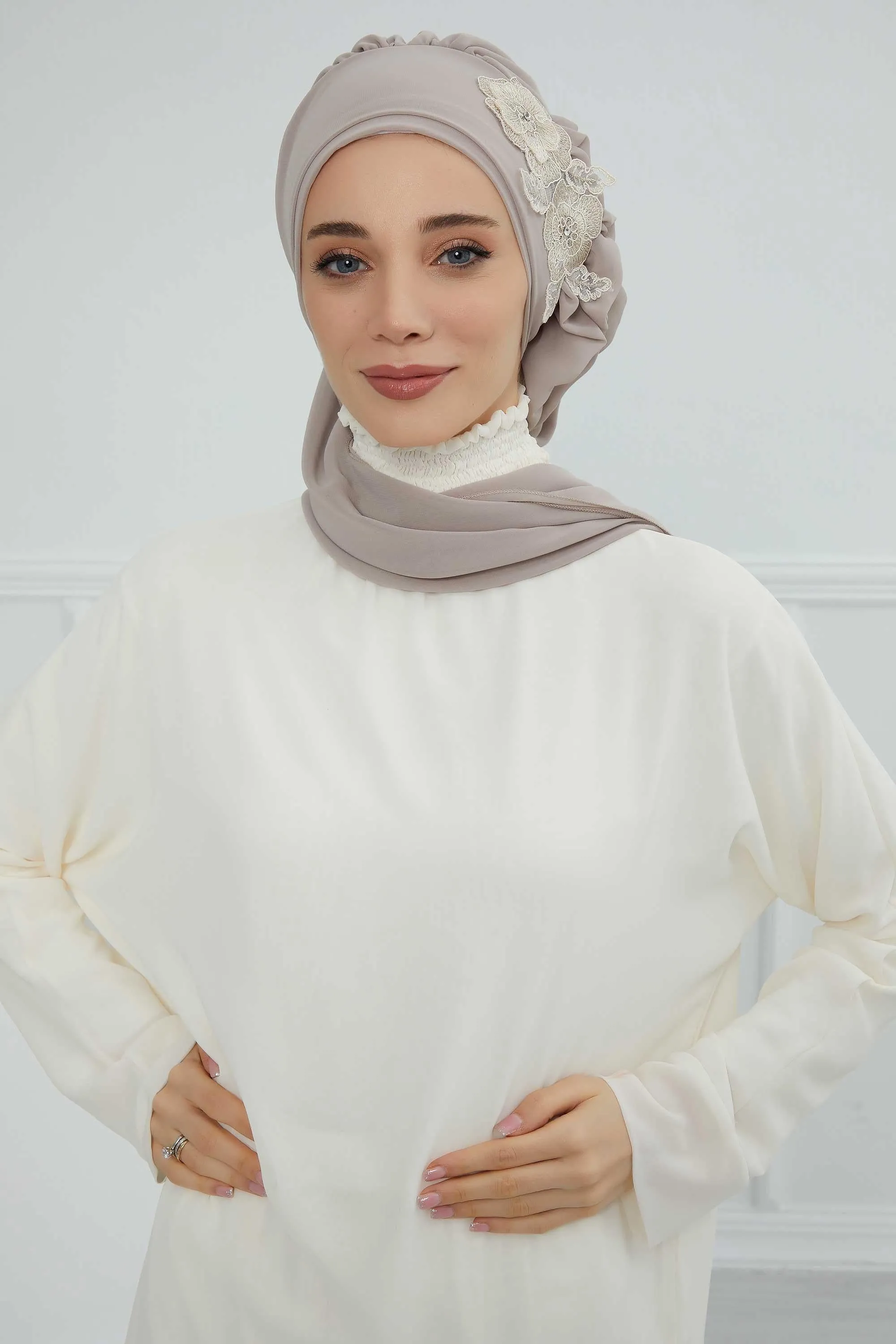 Side Frilled Instant Turban Chiffon Scarf Head Turbans with Unique Flower Accessory For Women Headwear Stylish Elegant Design,HT-102