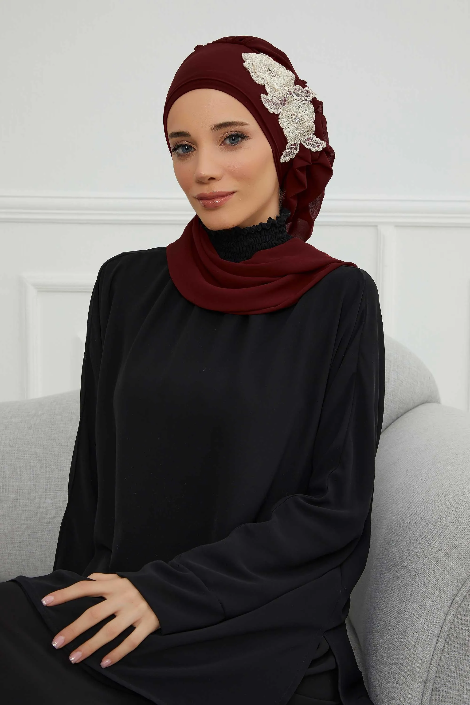 Side Frilled Instant Turban Chiffon Scarf Head Turbans with Unique Flower Accessory For Women Headwear Stylish Elegant Design,HT-102