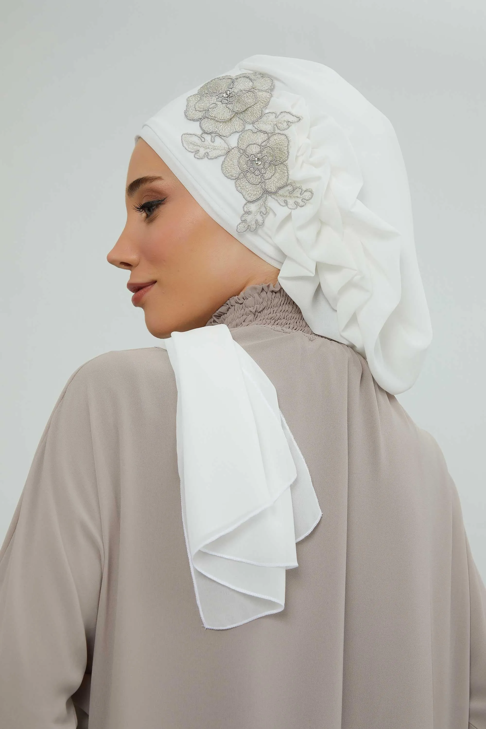 Side Frilled Instant Turban Chiffon Scarf Head Turbans with Unique Flower Accessory For Women Headwear Stylish Elegant Design,HT-102