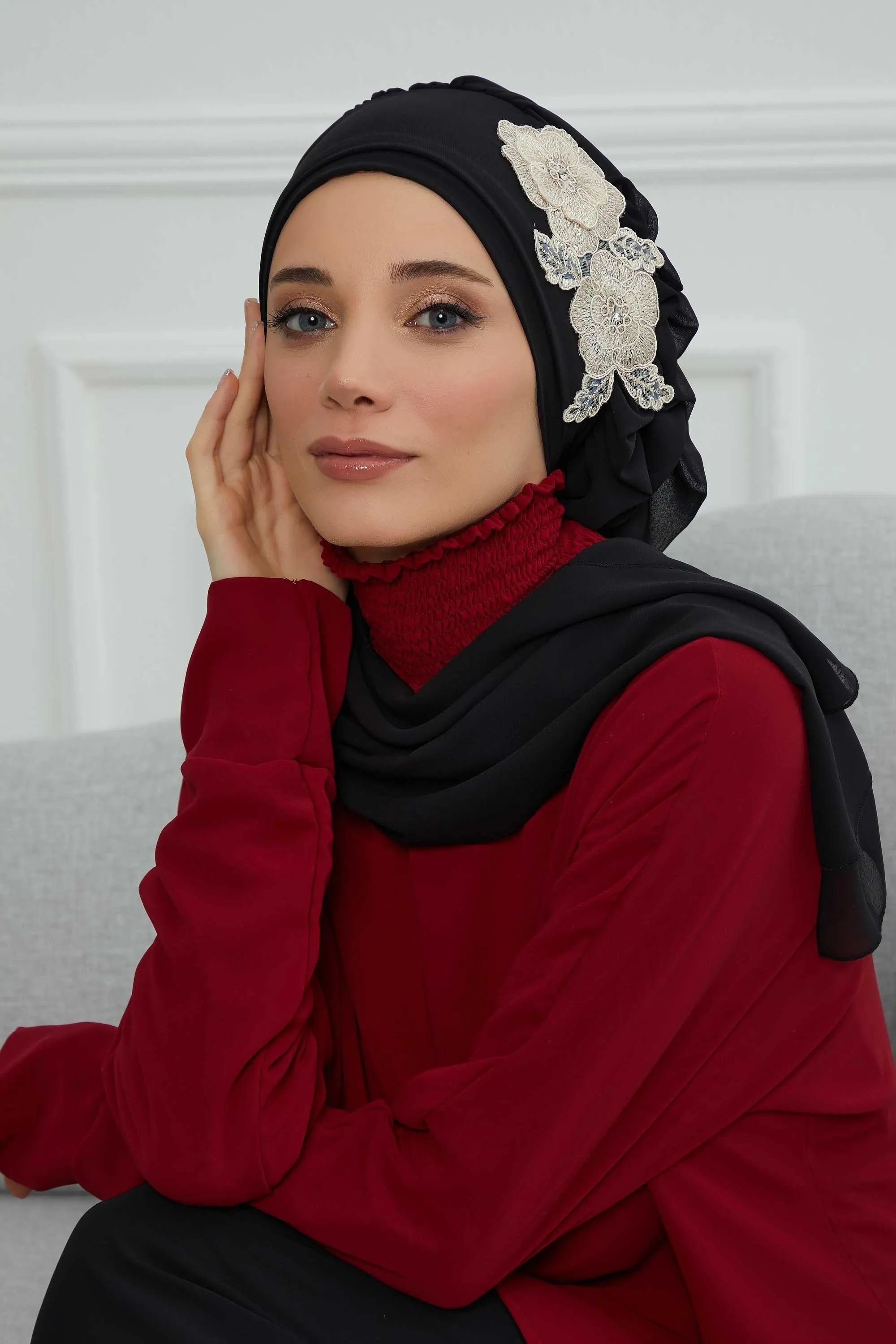 Side Frilled Instant Turban Chiffon Scarf Head Turbans with Unique Flower Accessory For Women Headwear Stylish Elegant Design,HT-102