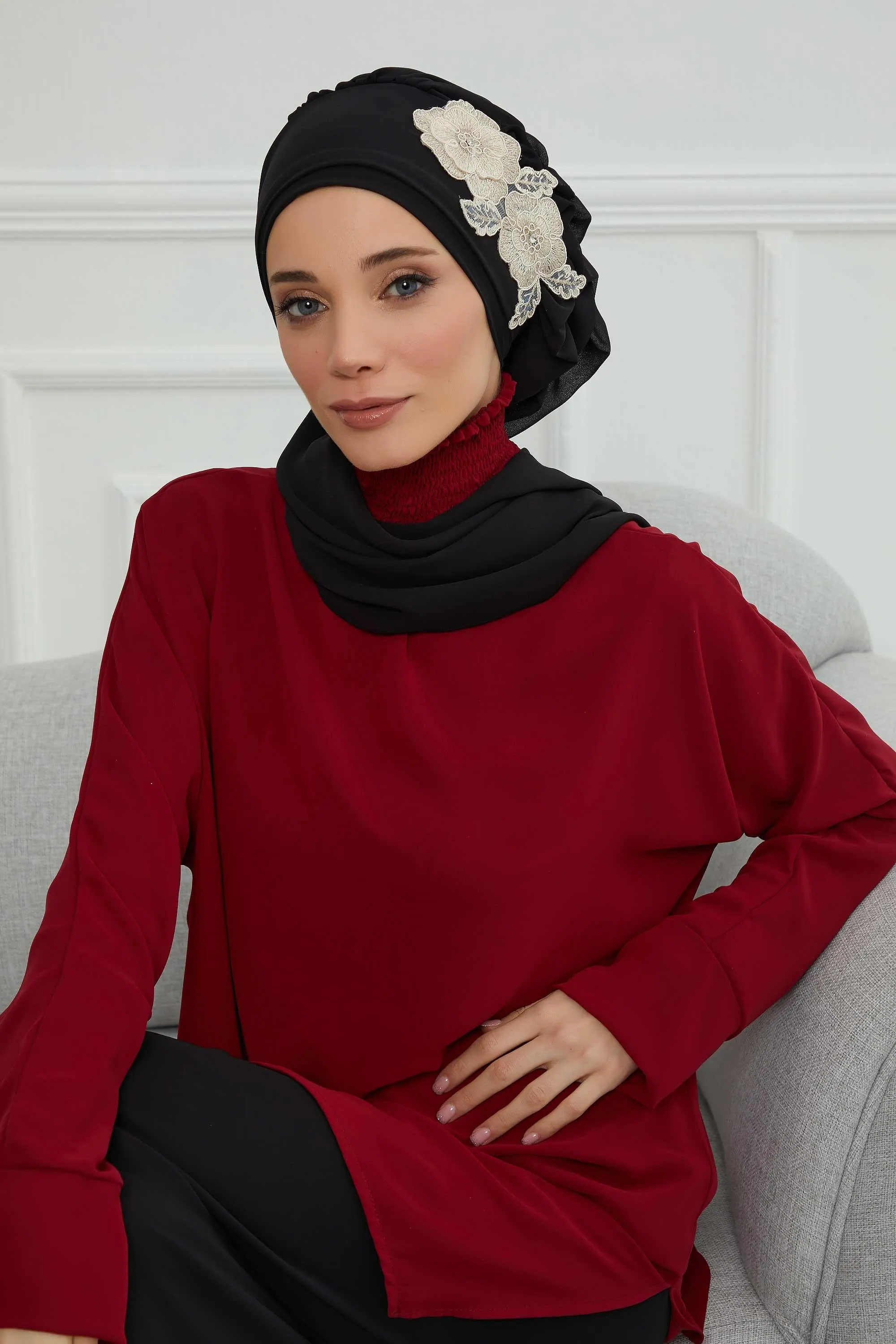 Side Frilled Instant Turban Chiffon Scarf Head Turbans with Unique Flower Accessory For Women Headwear Stylish Elegant Design,HT-102