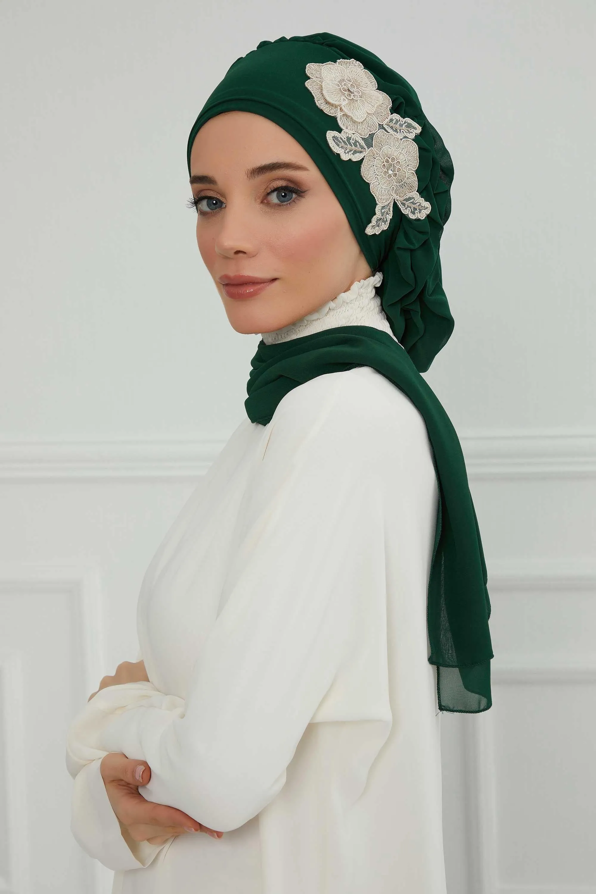 Side Frilled Instant Turban Chiffon Scarf Head Turbans with Unique Flower Accessory For Women Headwear Stylish Elegant Design,HT-102
