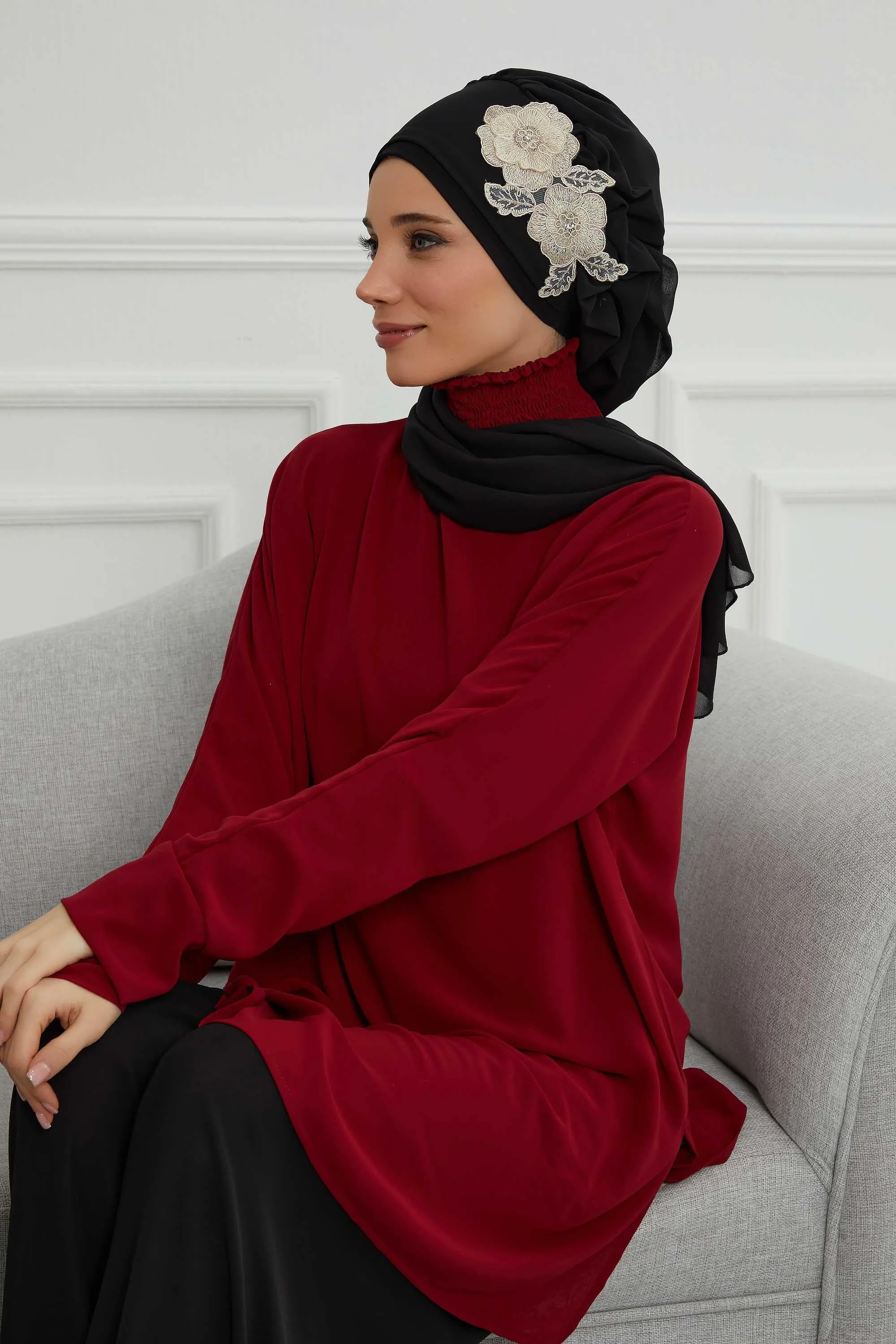 Side Frilled Instant Turban Chiffon Scarf Head Turbans with Unique Flower Accessory For Women Headwear Stylish Elegant Design,HT-102