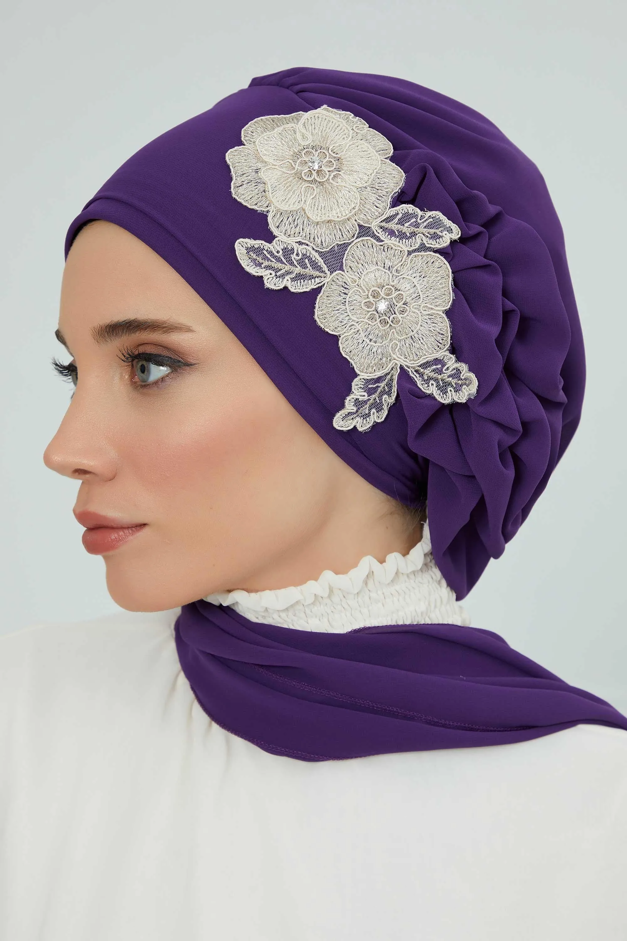 Side Frilled Instant Turban Chiffon Scarf Head Turbans with Unique Flower Accessory For Women Headwear Stylish Elegant Design,HT-102