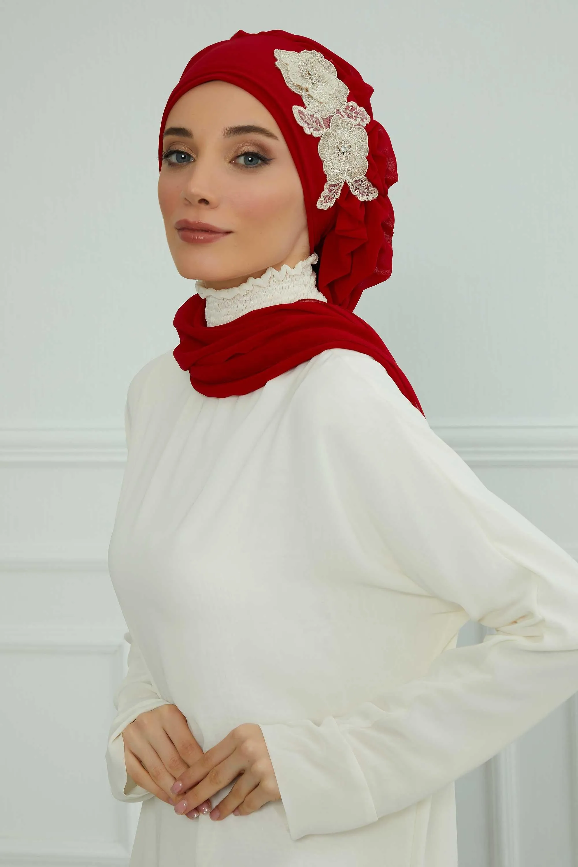 Side Frilled Instant Turban Chiffon Scarf Head Turbans with Unique Flower Accessory For Women Headwear Stylish Elegant Design,HT-102