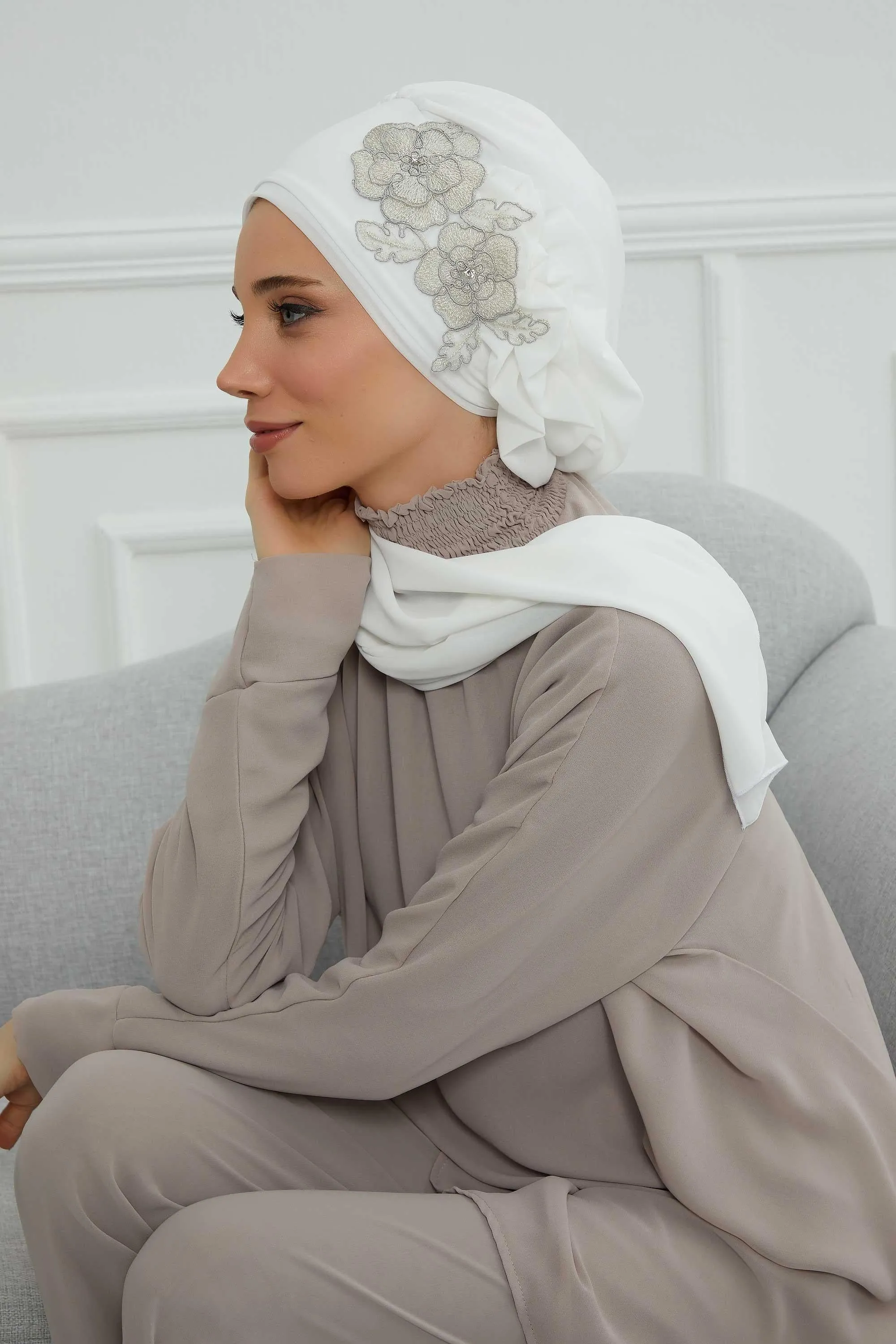 Side Frilled Instant Turban Chiffon Scarf Head Turbans with Unique Flower Accessory For Women Headwear Stylish Elegant Design,HT-102