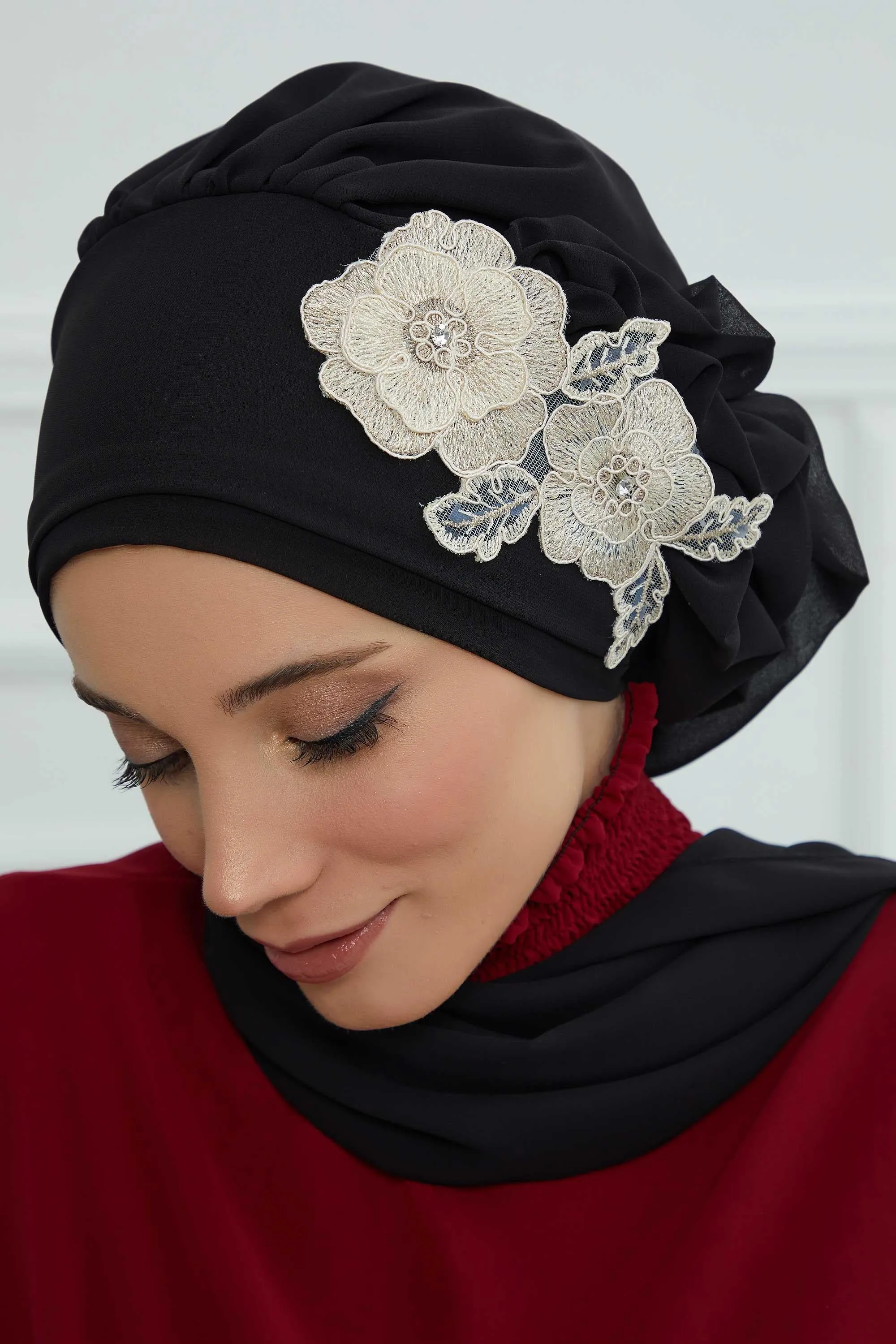 Side Frilled Instant Turban Chiffon Scarf Head Turbans with Unique Flower Accessory For Women Headwear Stylish Elegant Design,HT-102