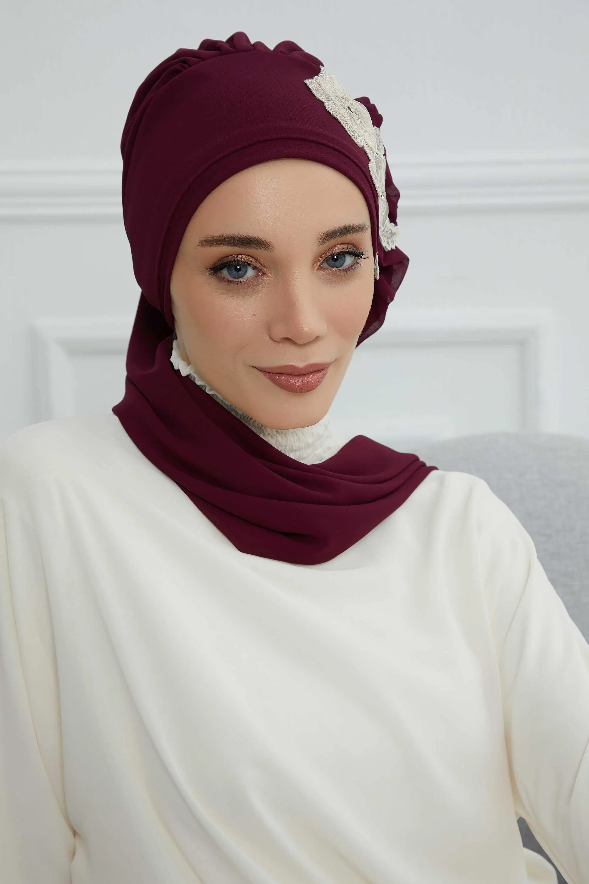 Side Frilled Instant Turban Chiffon Scarf Head Turbans with Unique Flower Accessory For Women Headwear Stylish Elegant Design,HT-102
