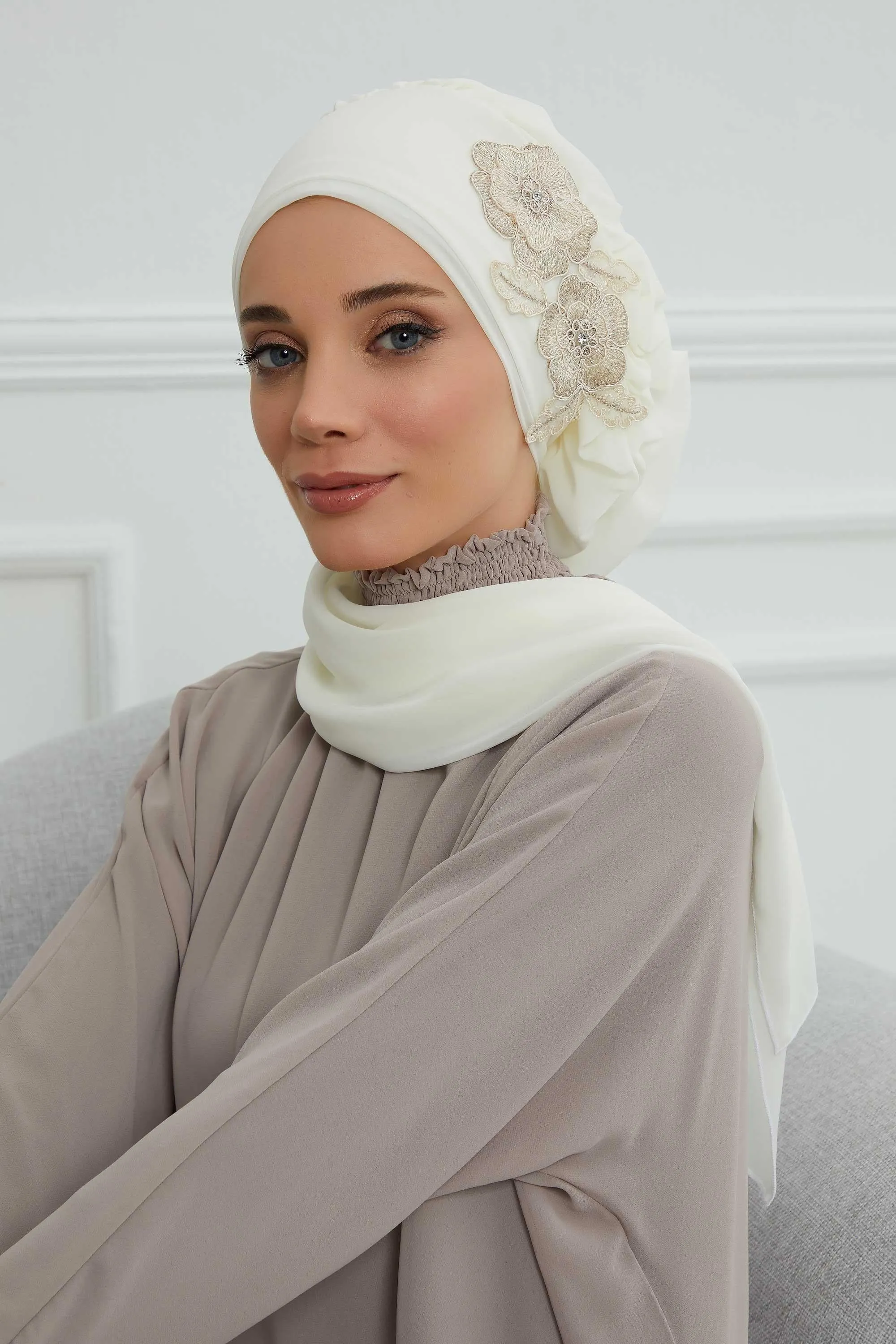 Side Frilled Instant Turban Chiffon Scarf Head Turbans with Unique Flower Accessory For Women Headwear Stylish Elegant Design,HT-102