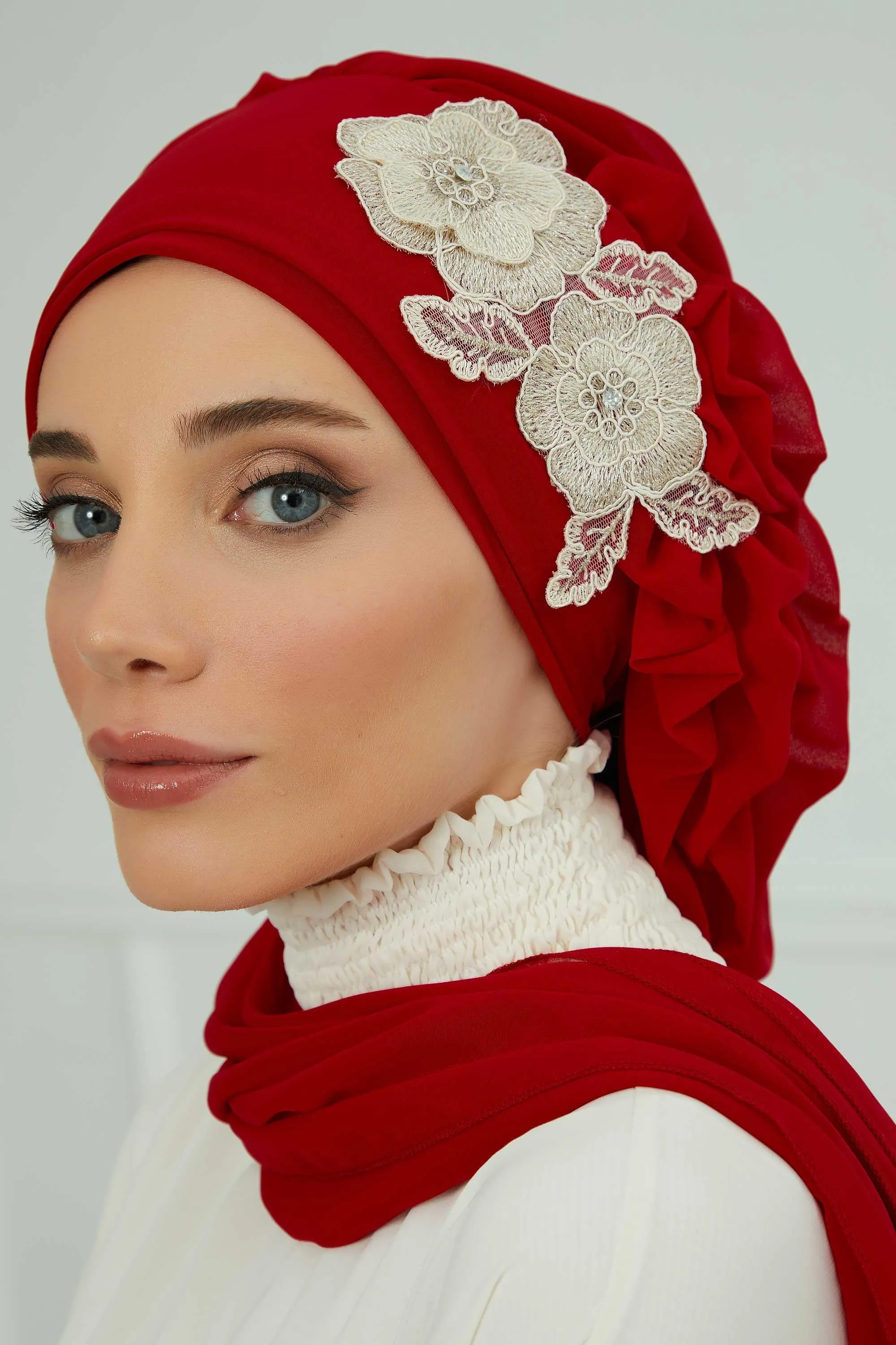 Side Frilled Instant Turban Chiffon Scarf Head Turbans with Unique Flower Accessory For Women Headwear Stylish Elegant Design,HT-102