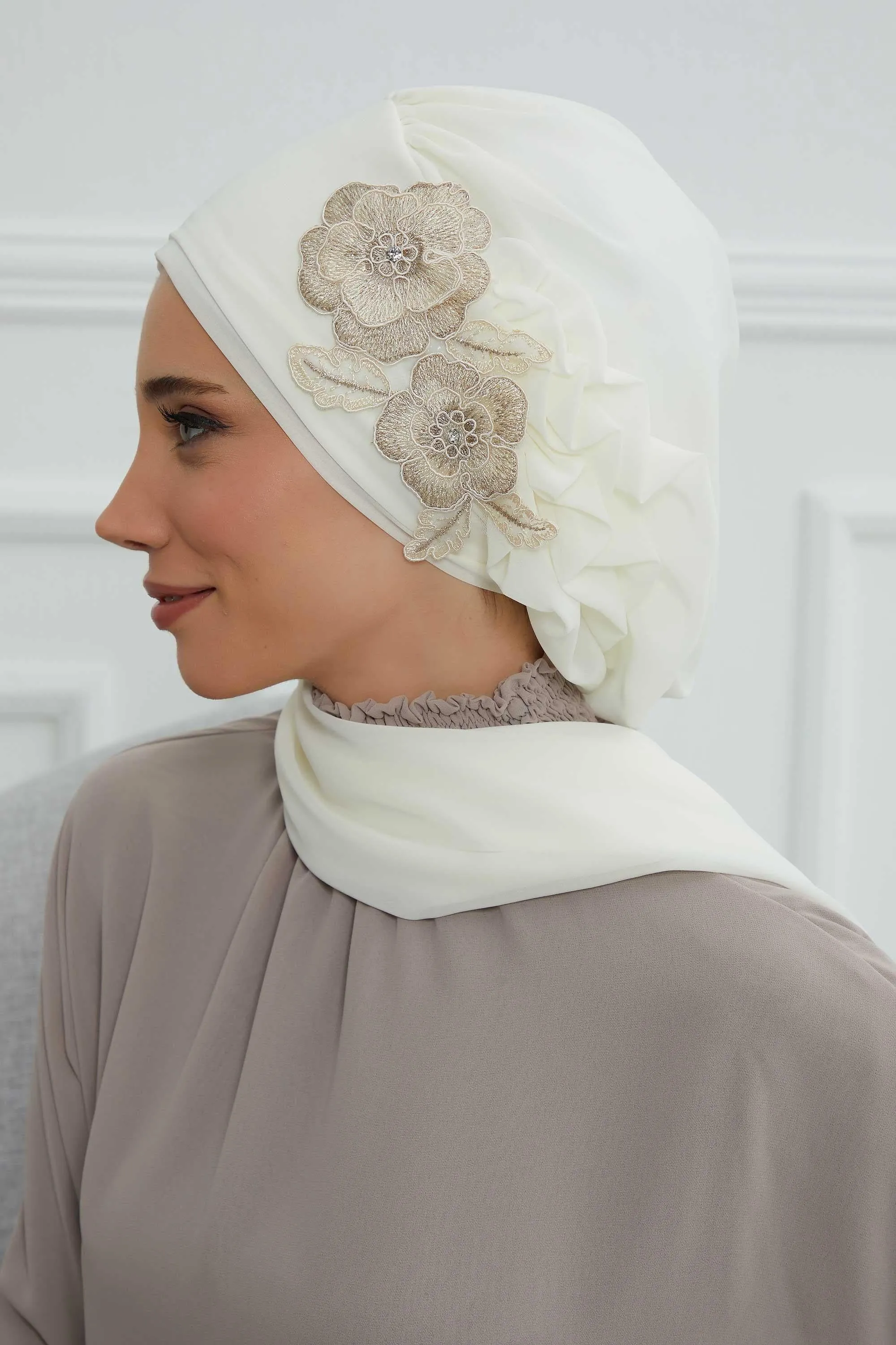 Side Frilled Instant Turban Chiffon Scarf Head Turbans with Unique Flower Accessory For Women Headwear Stylish Elegant Design,HT-102