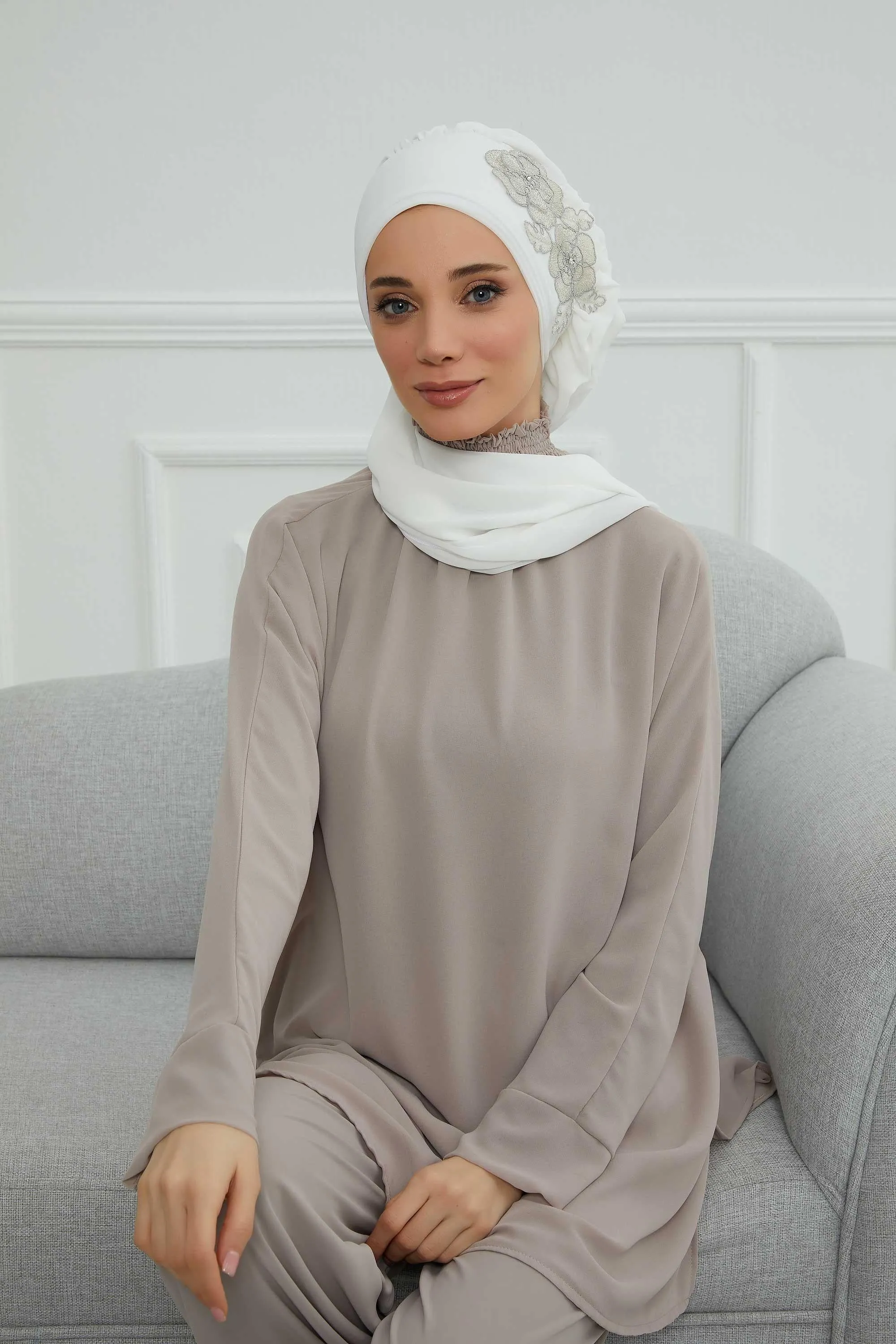Side Frilled Instant Turban Chiffon Scarf Head Turbans with Unique Flower Accessory For Women Headwear Stylish Elegant Design,HT-102