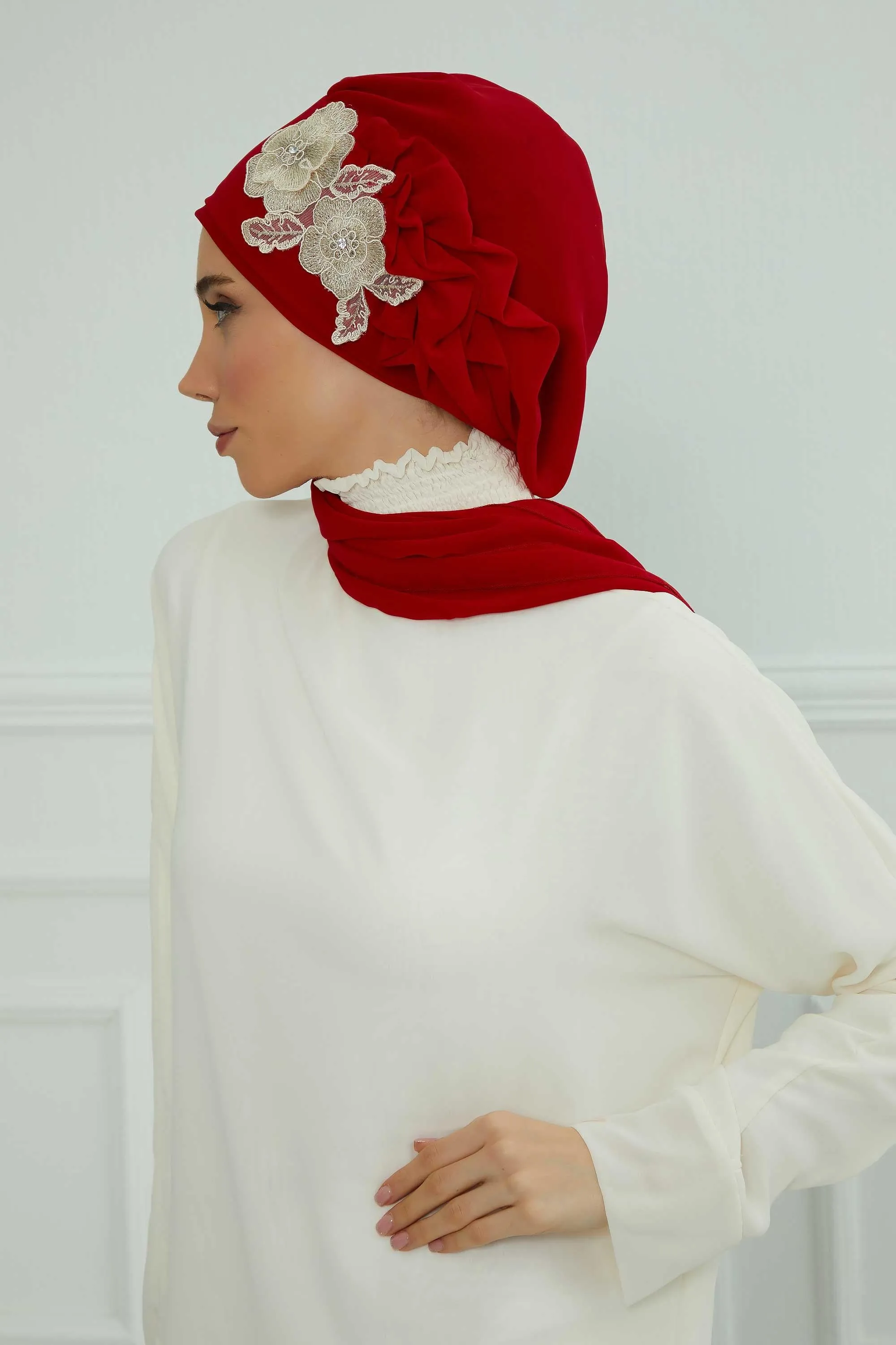 Side Frilled Instant Turban Chiffon Scarf Head Turbans with Unique Flower Accessory For Women Headwear Stylish Elegant Design,HT-102