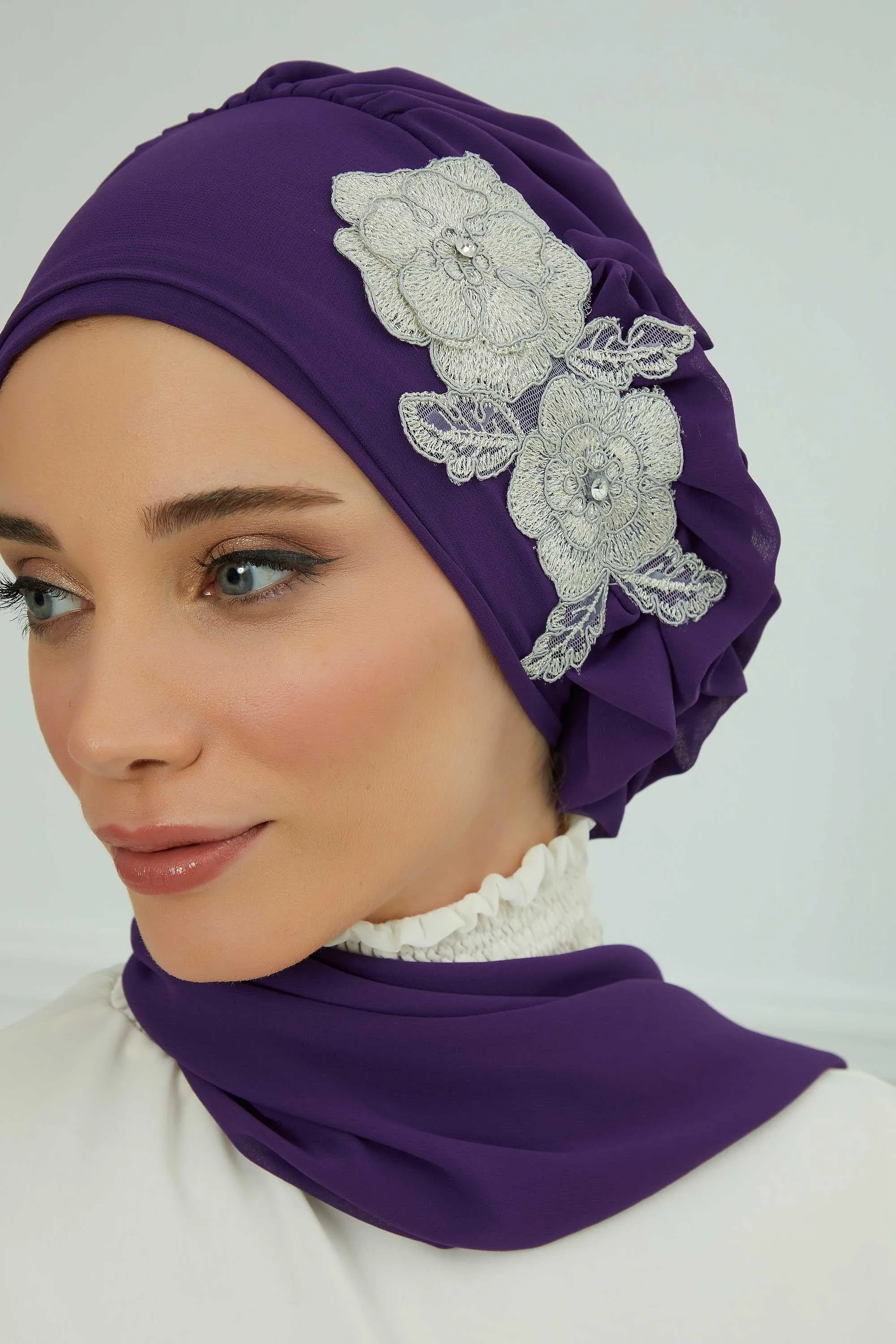 Side Frilled Instant Turban Chiffon Scarf Head Turbans with Unique Flower Accessory For Women Headwear Stylish Elegant Design,HT-102