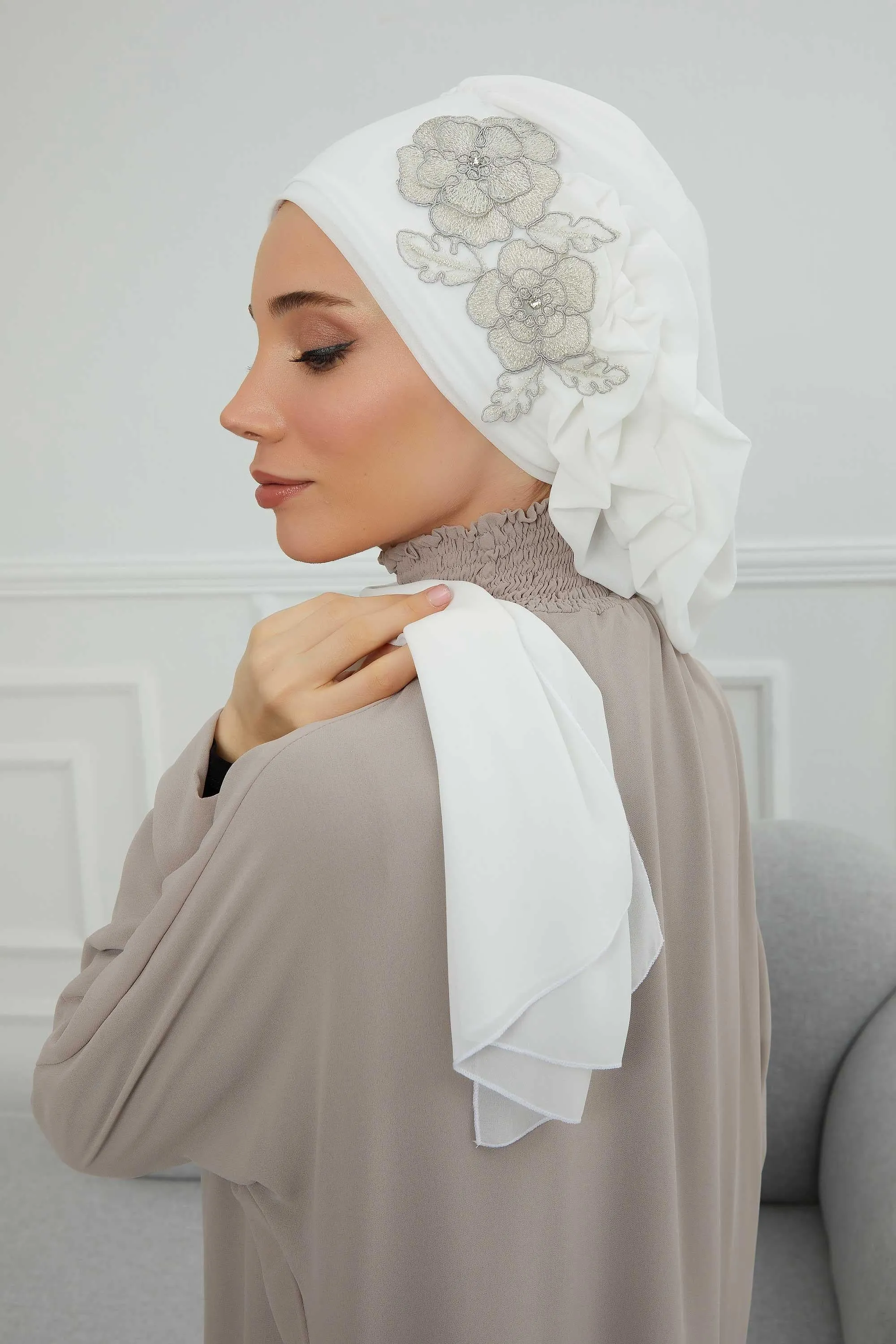 Side Frilled Instant Turban Chiffon Scarf Head Turbans with Unique Flower Accessory For Women Headwear Stylish Elegant Design,HT-102