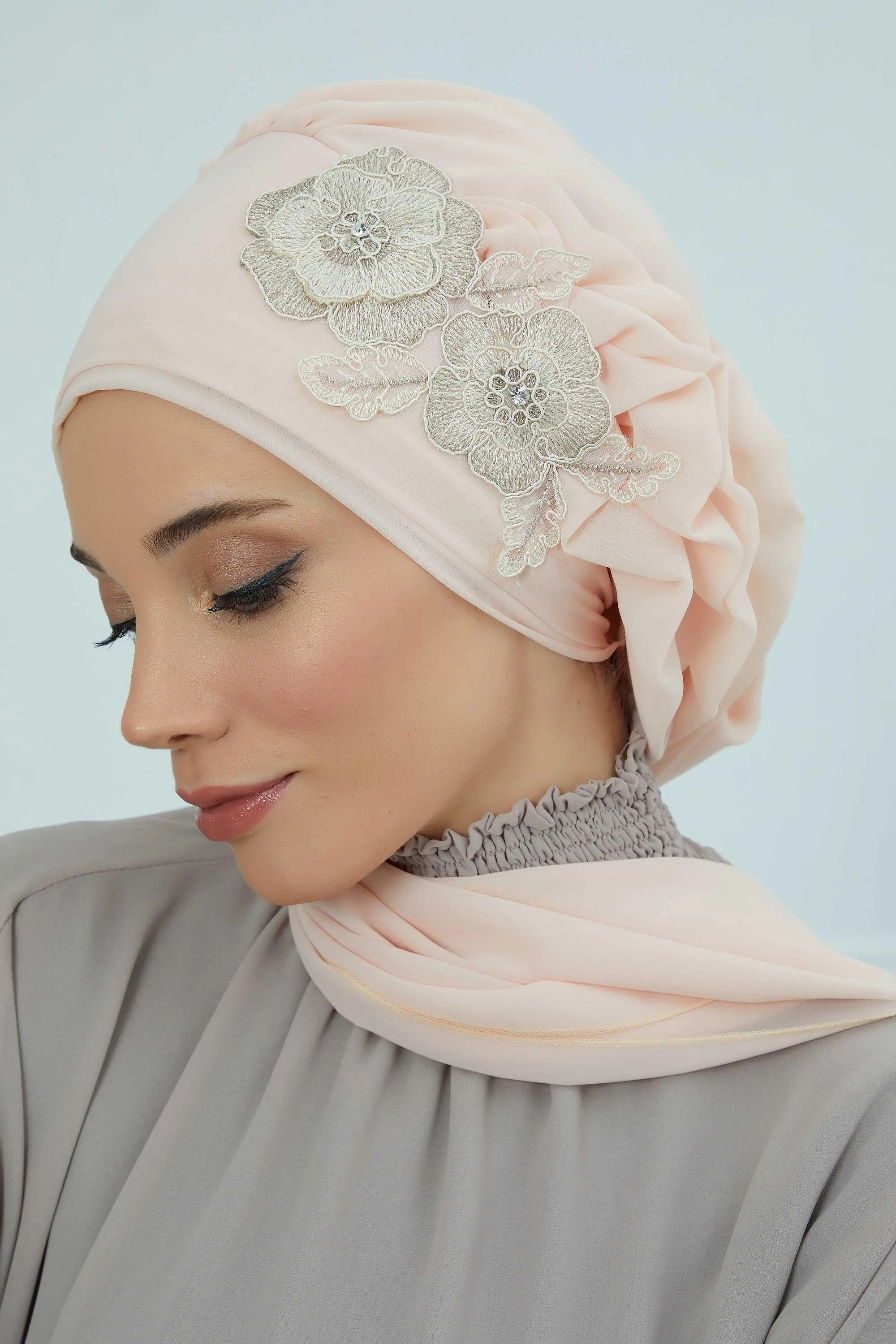 Side Frilled Instant Turban Chiffon Scarf Head Turbans with Unique Flower Accessory For Women Headwear Stylish Elegant Design,HT-102