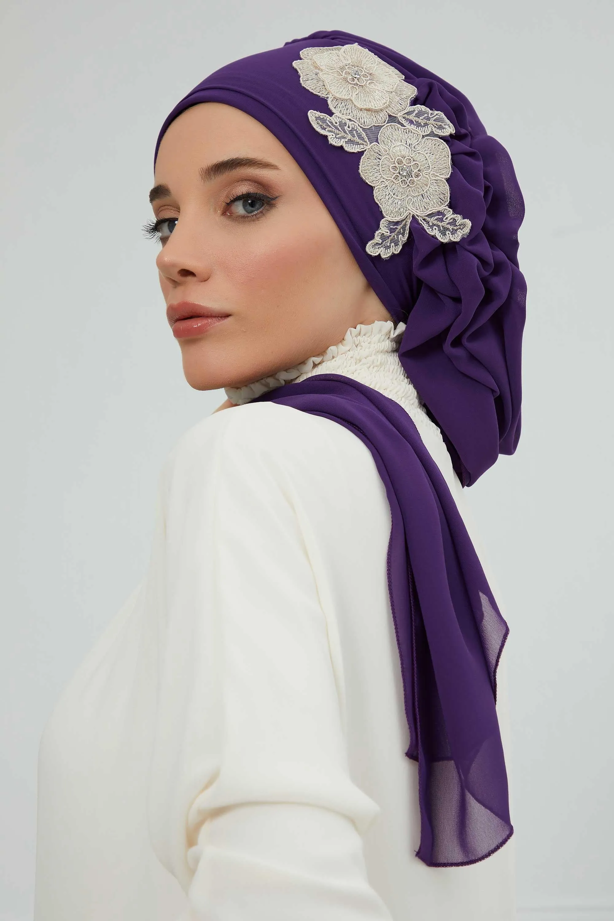 Side Frilled Instant Turban Chiffon Scarf Head Turbans with Unique Flower Accessory For Women Headwear Stylish Elegant Design,HT-102