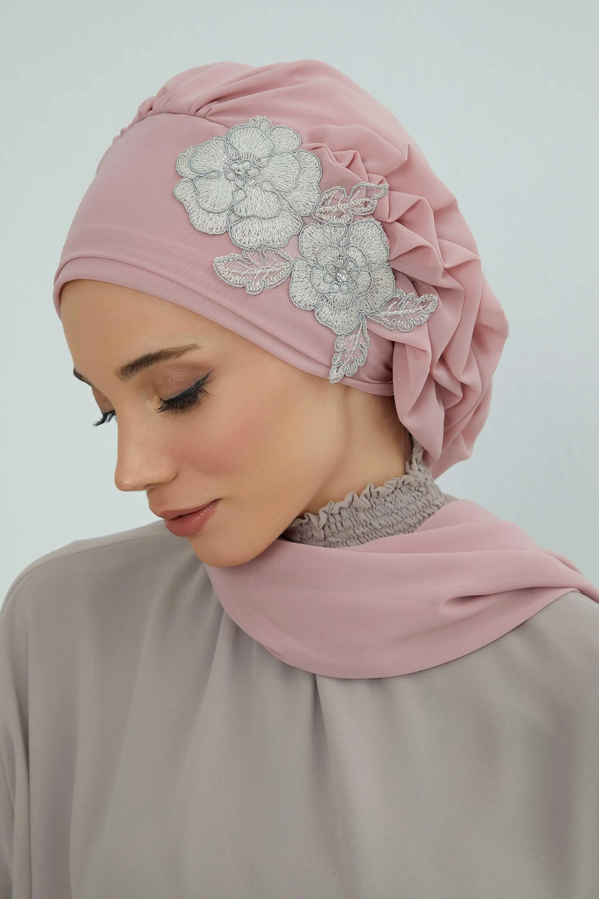 Side Frilled Instant Turban Chiffon Scarf Head Turbans with Unique Flower Accessory For Women Headwear Stylish Elegant Design,HT-102