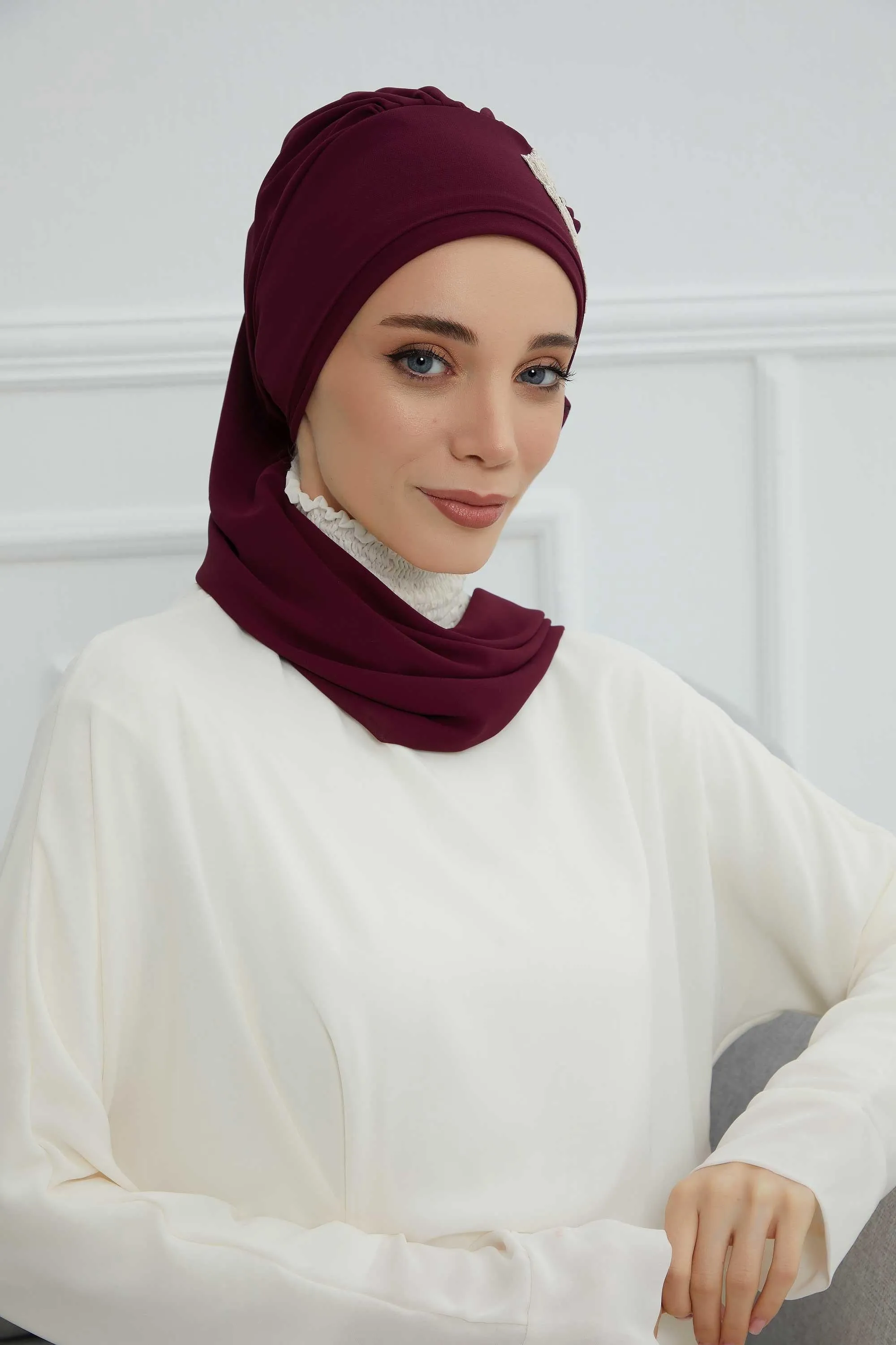 Side Frilled Instant Turban Chiffon Scarf Head Turbans with Unique Flower Accessory For Women Headwear Stylish Elegant Design,HT-102