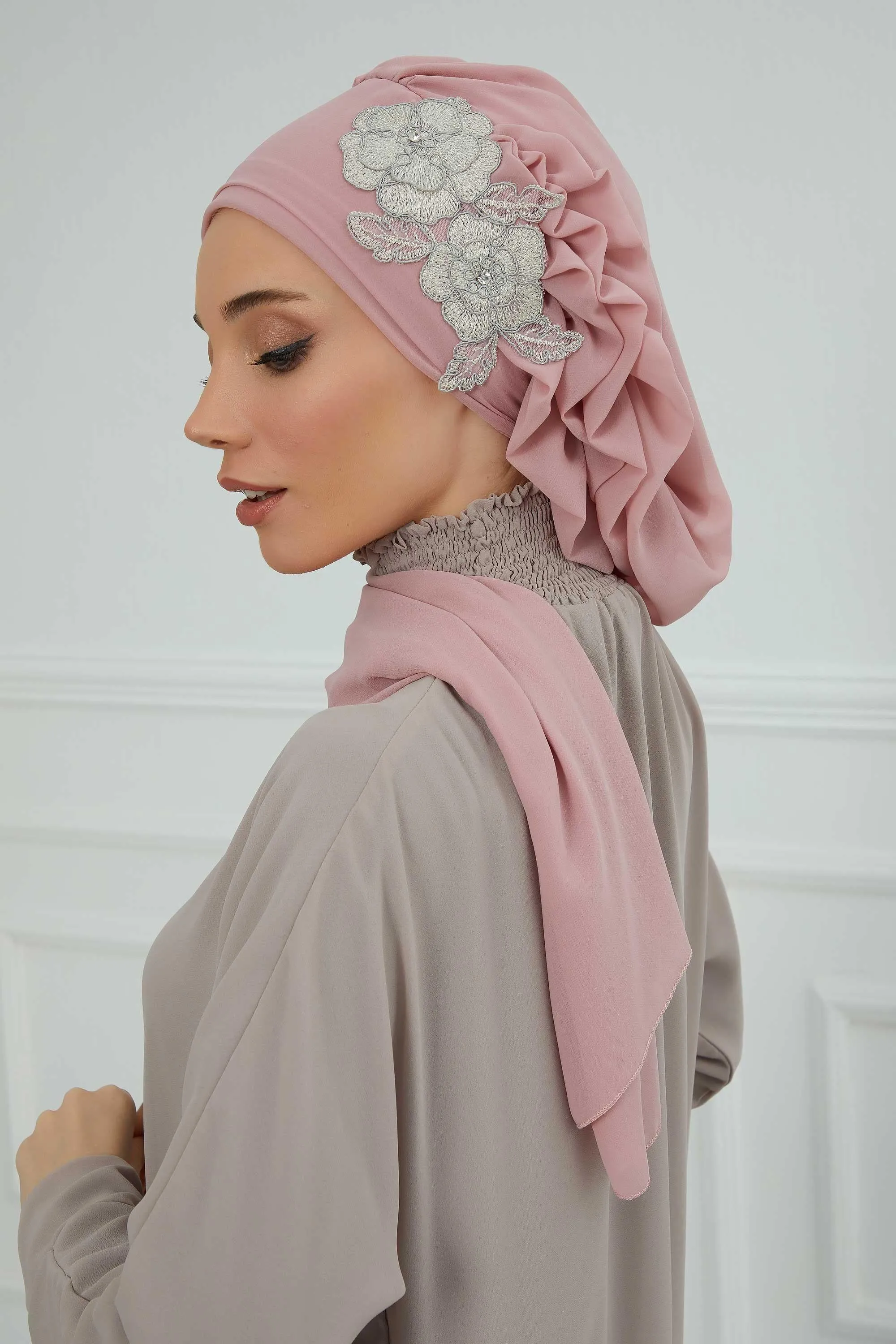 Side Frilled Instant Turban Chiffon Scarf Head Turbans with Unique Flower Accessory For Women Headwear Stylish Elegant Design,HT-102