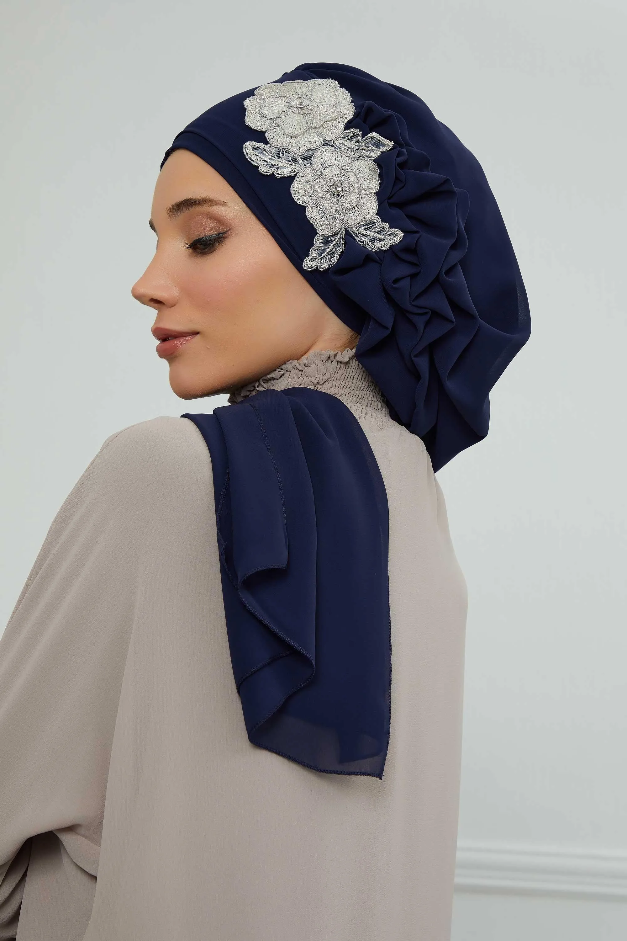 Side Frilled Instant Turban Chiffon Scarf Head Turbans with Unique Flower Accessory For Women Headwear Stylish Elegant Design,HT-102