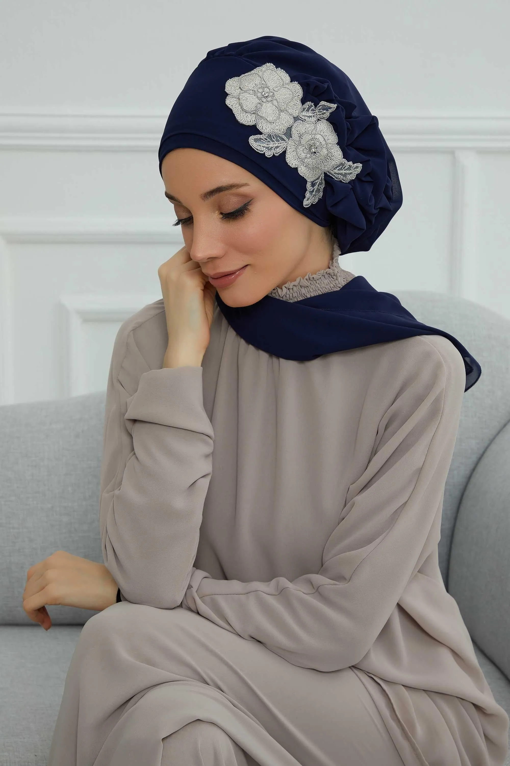 Side Frilled Instant Turban Chiffon Scarf Head Turbans with Unique Flower Accessory For Women Headwear Stylish Elegant Design,HT-102