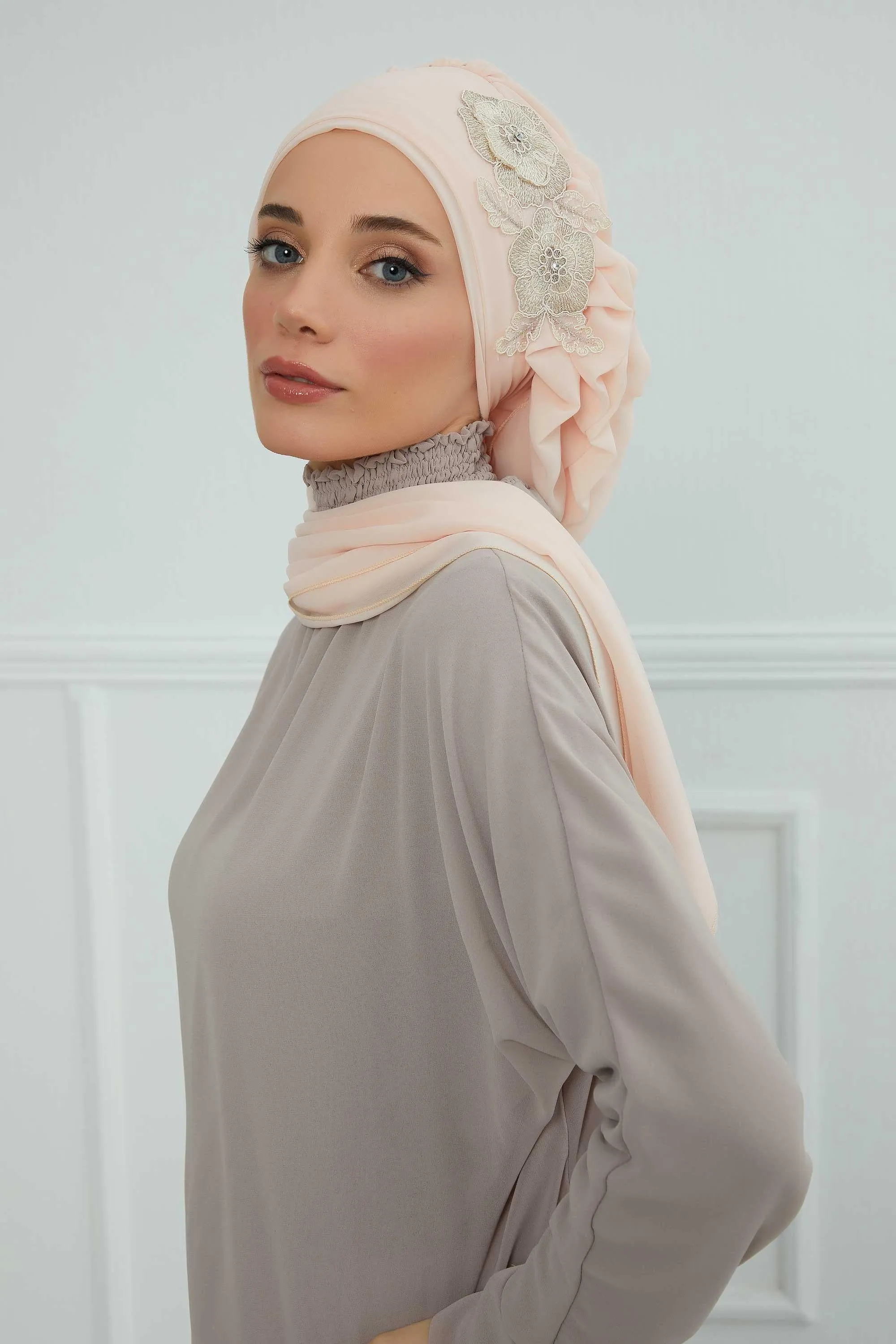 Side Frilled Instant Turban Chiffon Scarf Head Turbans with Unique Flower Accessory For Women Headwear Stylish Elegant Design,HT-102