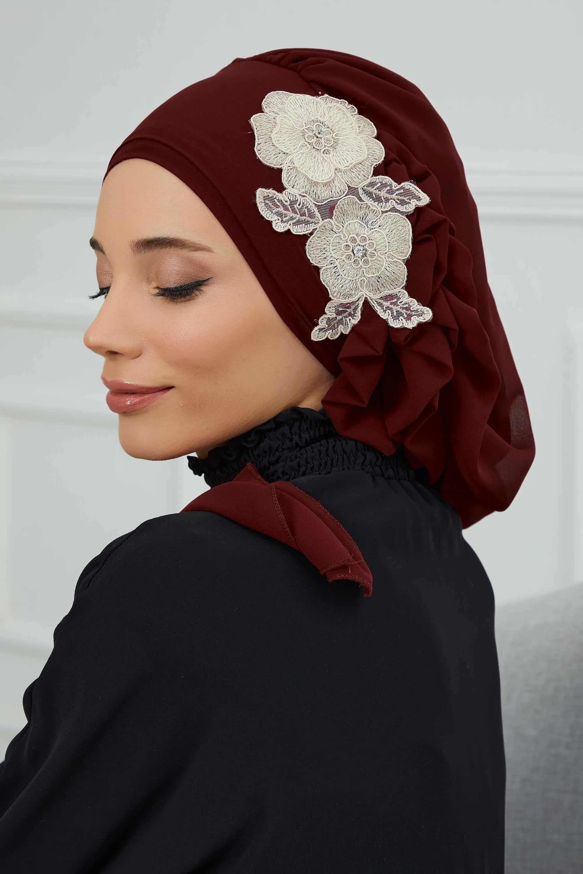 Side Frilled Instant Turban Chiffon Scarf Head Turbans with Unique Flower Accessory For Women Headwear Stylish Elegant Design,HT-102