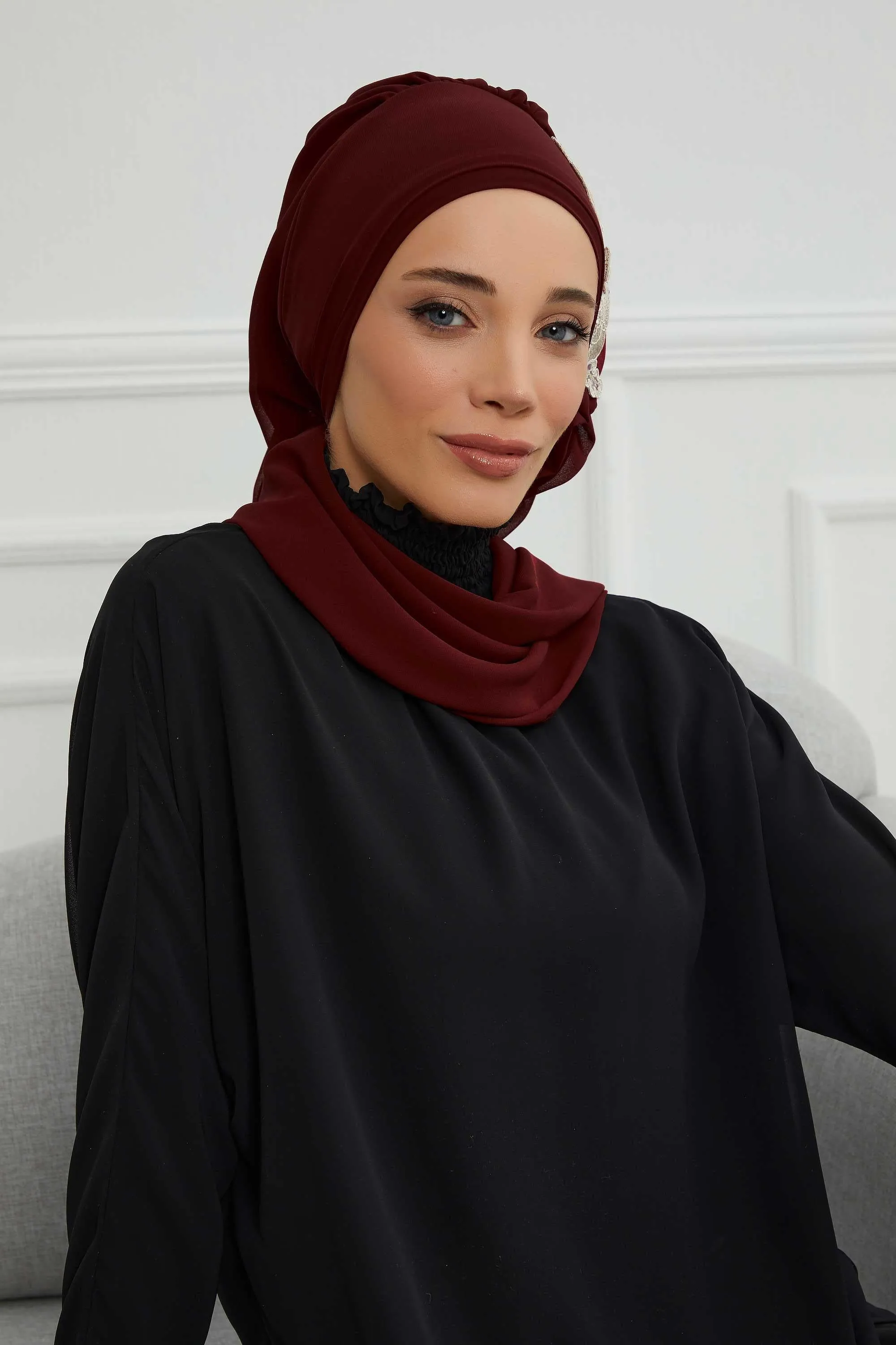 Side Frilled Instant Turban Chiffon Scarf Head Turbans with Unique Flower Accessory For Women Headwear Stylish Elegant Design,HT-102