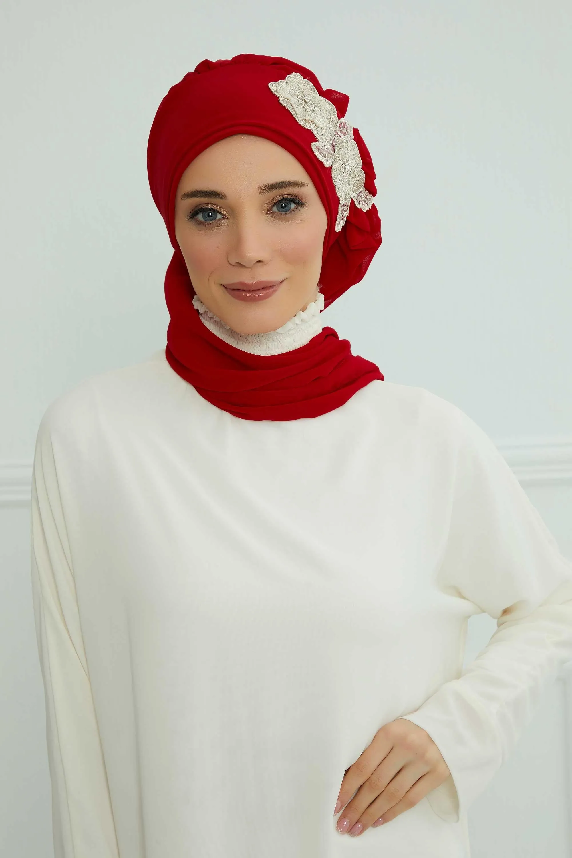 Side Frilled Instant Turban Chiffon Scarf Head Turbans with Unique Flower Accessory For Women Headwear Stylish Elegant Design,HT-102