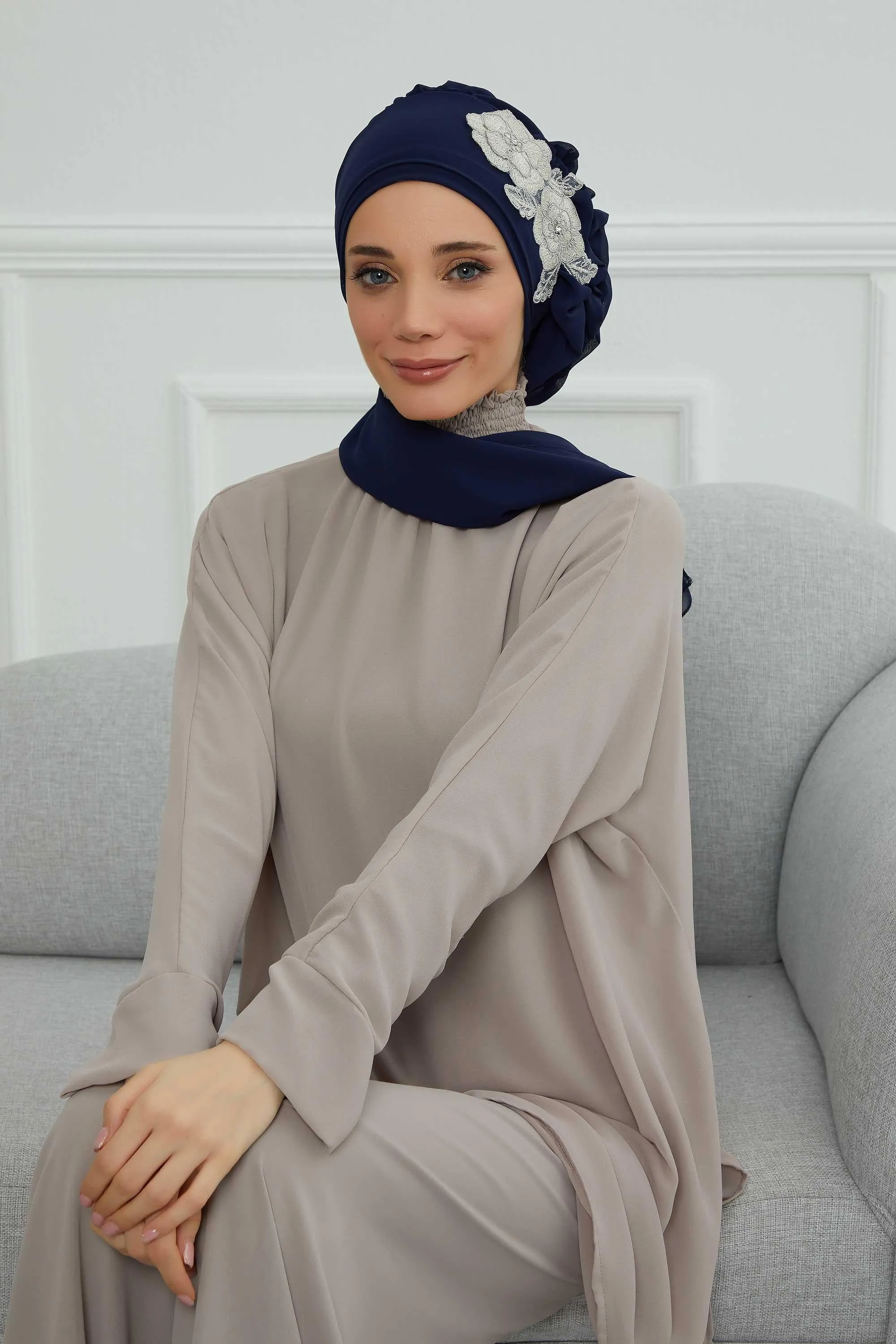 Side Frilled Instant Turban Chiffon Scarf Head Turbans with Unique Flower Accessory For Women Headwear Stylish Elegant Design,HT-102