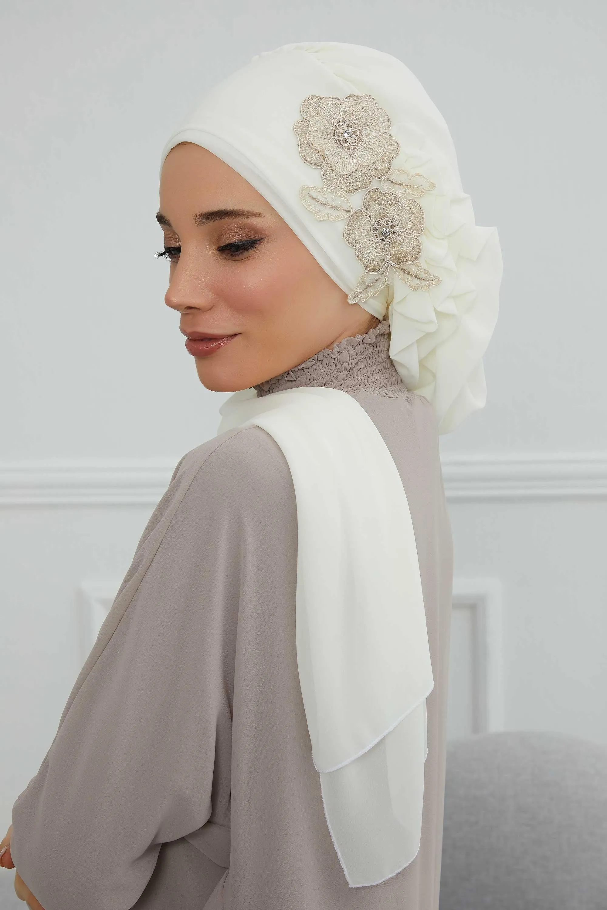 Side Frilled Instant Turban Chiffon Scarf Head Turbans with Unique Flower Accessory For Women Headwear Stylish Elegant Design,HT-102