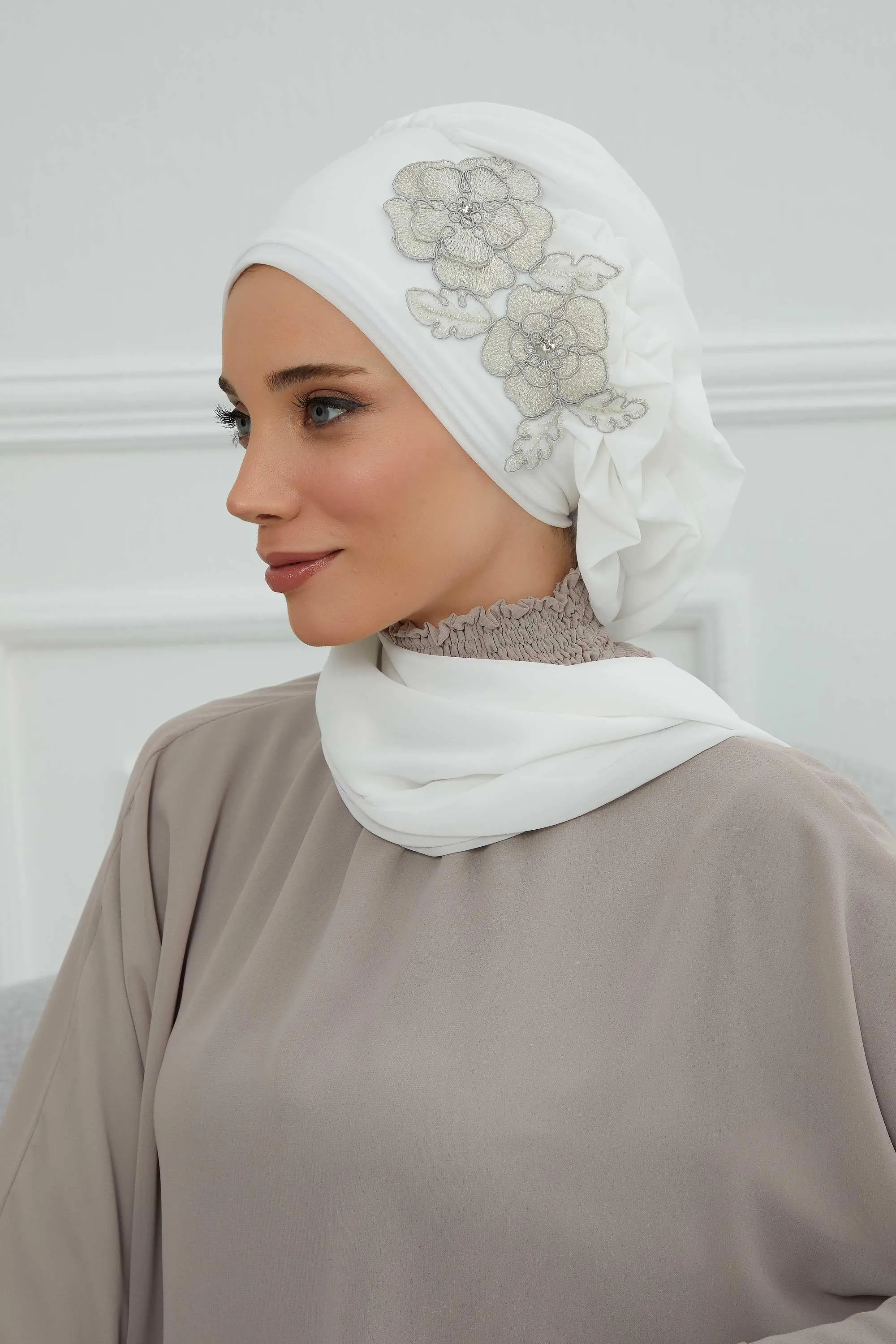 Side Frilled Instant Turban Chiffon Scarf Head Turbans with Unique Flower Accessory For Women Headwear Stylish Elegant Design,HT-102