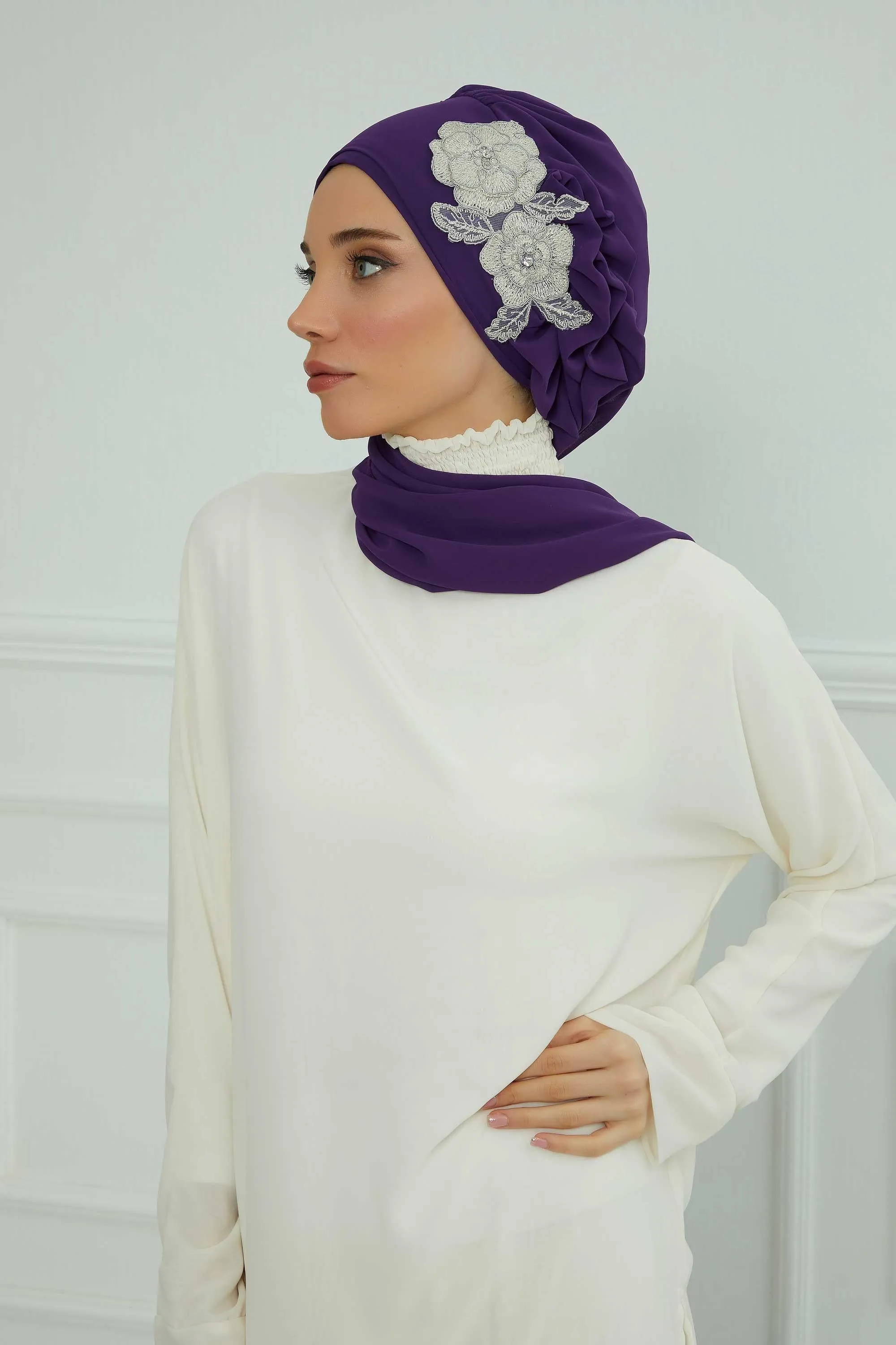 Side Frilled Instant Turban Chiffon Scarf Head Turbans with Unique Flower Accessory For Women Headwear Stylish Elegant Design,HT-102