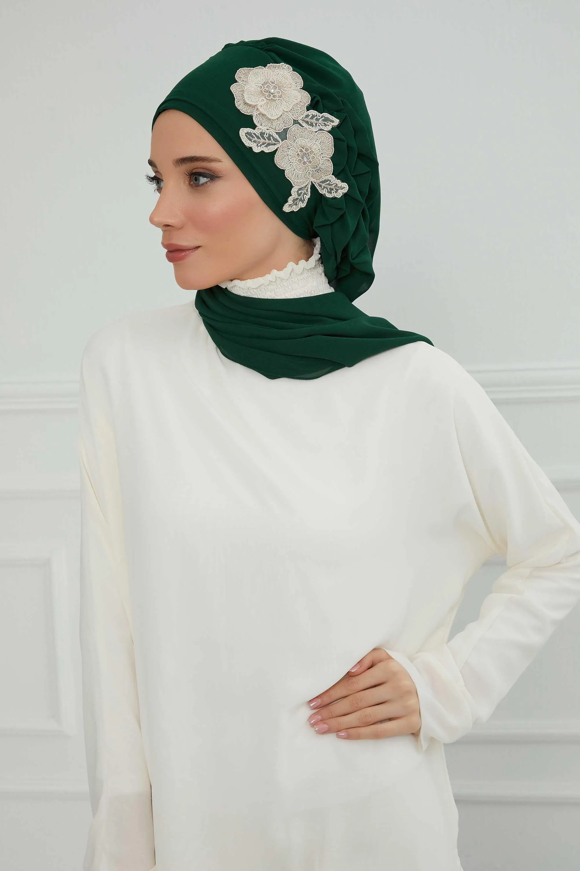 Side Frilled Instant Turban Chiffon Scarf Head Turbans with Unique Flower Accessory For Women Headwear Stylish Elegant Design,HT-102