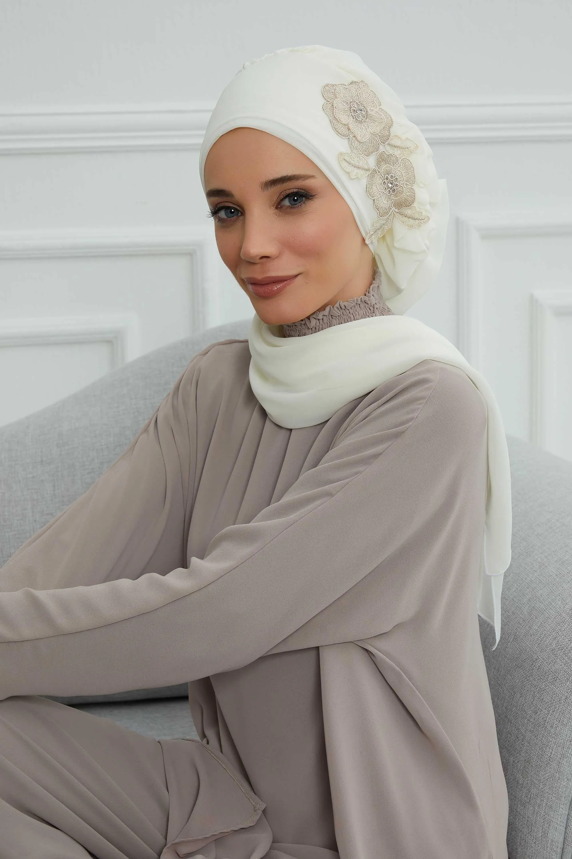 Side Frilled Instant Turban Chiffon Scarf Head Turbans with Unique Flower Accessory For Women Headwear Stylish Elegant Design,HT-102