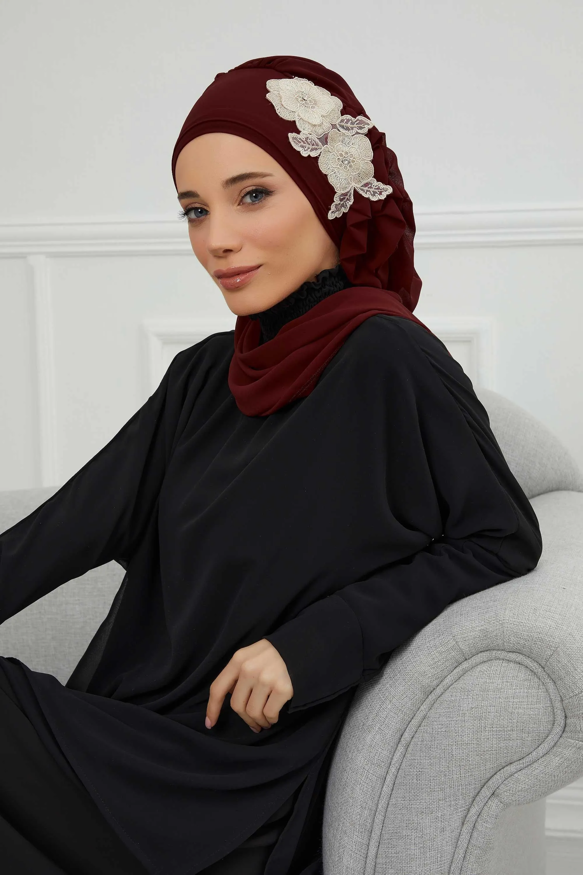 Side Frilled Instant Turban Chiffon Scarf Head Turbans with Unique Flower Accessory For Women Headwear Stylish Elegant Design,HT-102