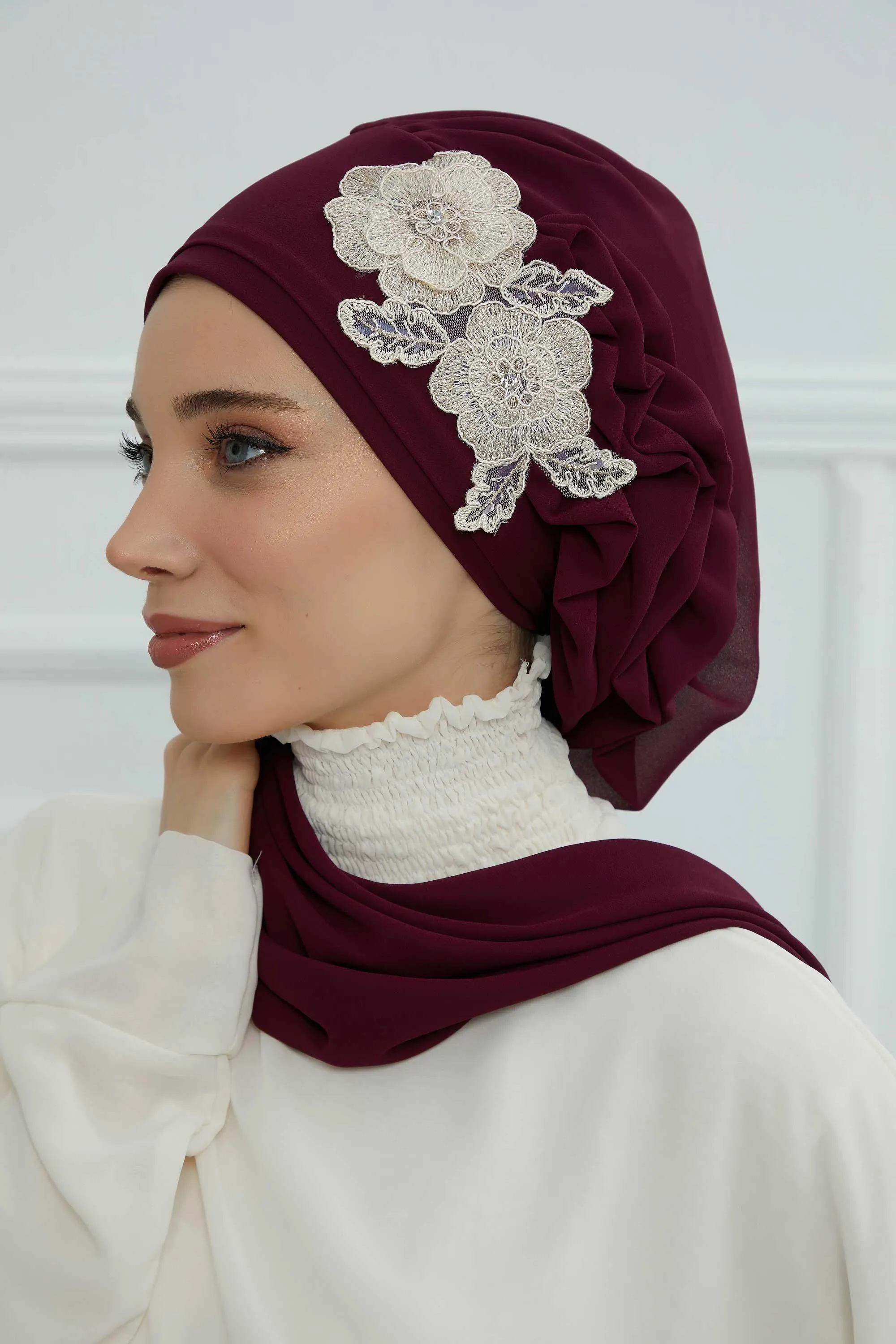 Side Frilled Instant Turban Chiffon Scarf Head Turbans with Unique Flower Accessory For Women Headwear Stylish Elegant Design,HT-102