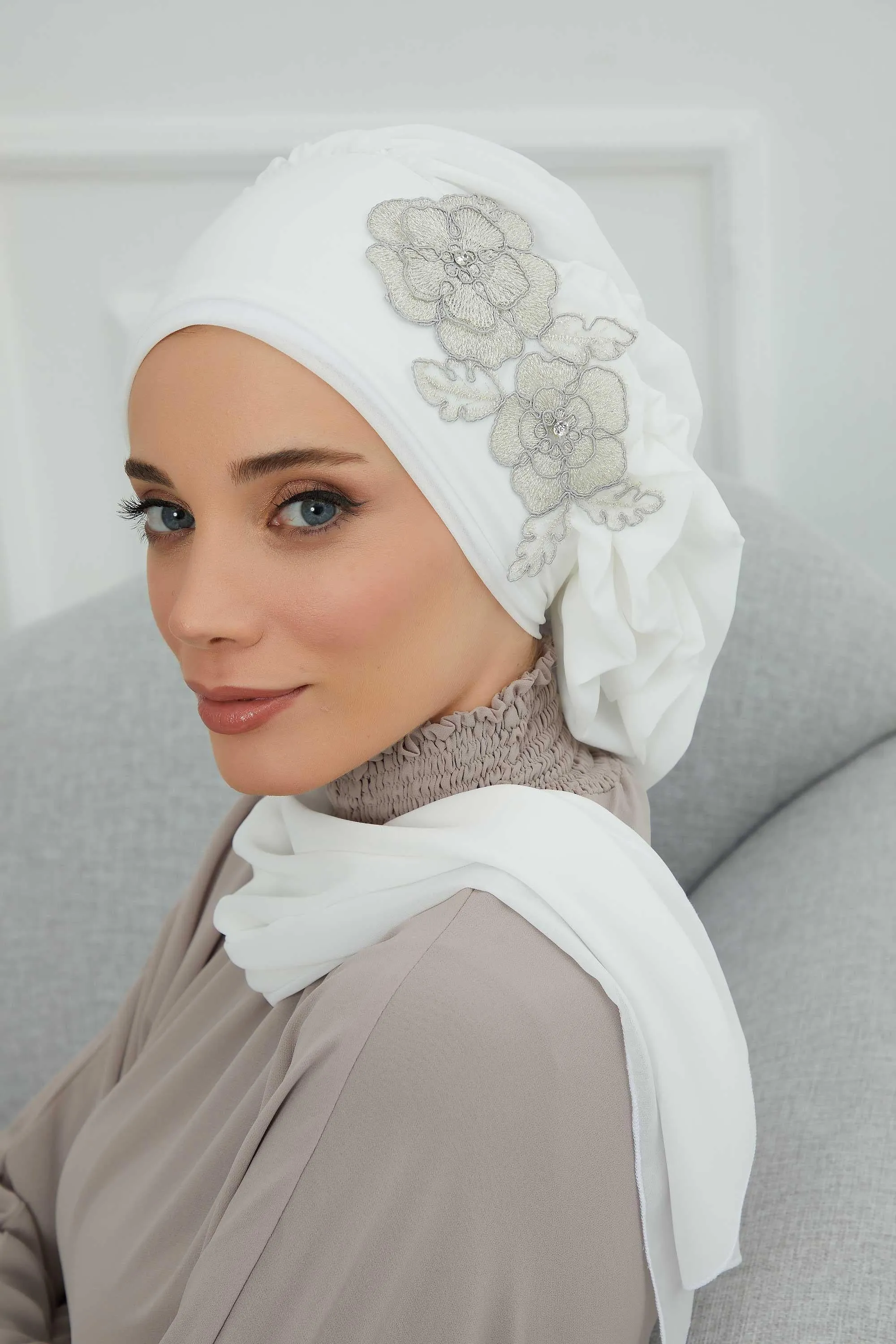 Side Frilled Instant Turban Chiffon Scarf Head Turbans with Unique Flower Accessory For Women Headwear Stylish Elegant Design,HT-102