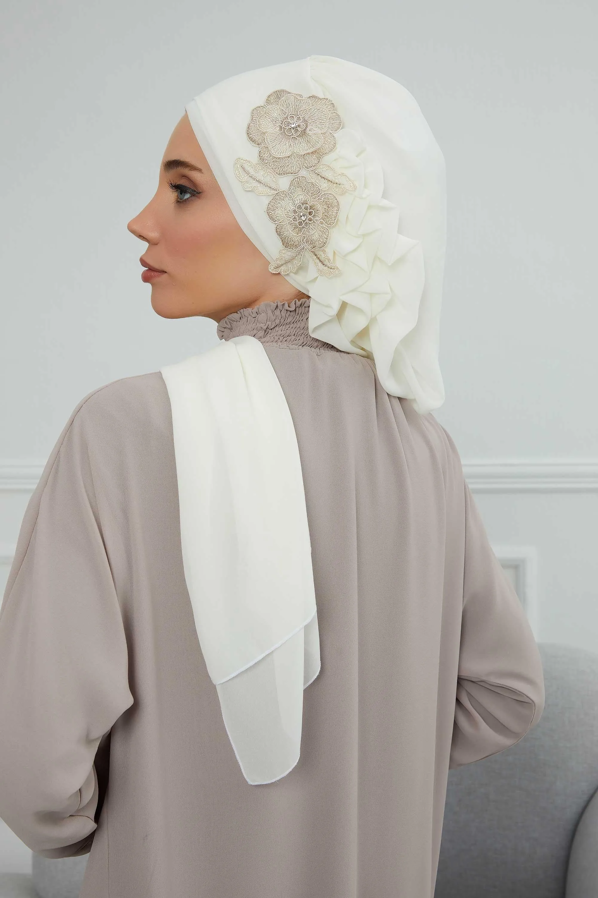 Side Frilled Instant Turban Chiffon Scarf Head Turbans with Unique Flower Accessory For Women Headwear Stylish Elegant Design,HT-102