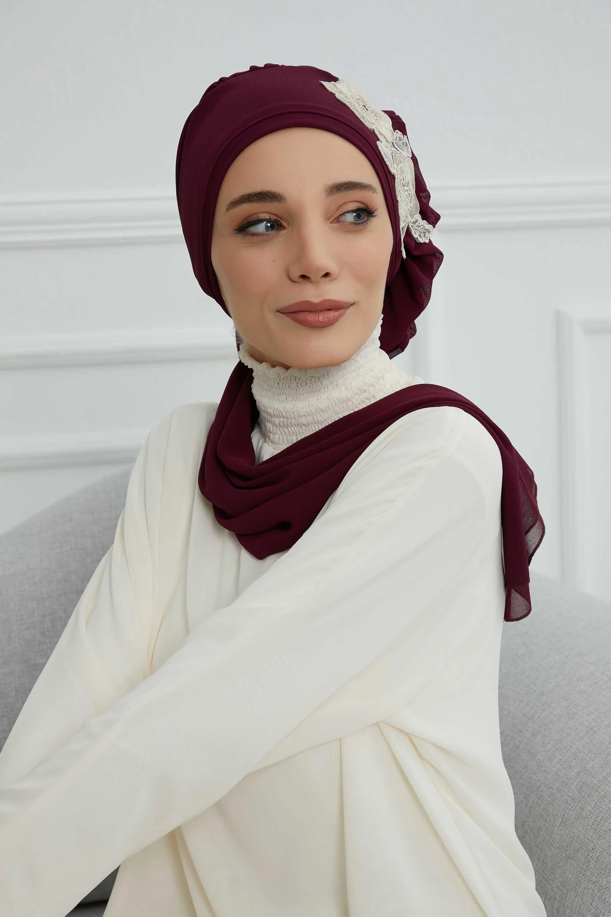 Side Frilled Instant Turban Chiffon Scarf Head Turbans with Unique Flower Accessory For Women Headwear Stylish Elegant Design,HT-102