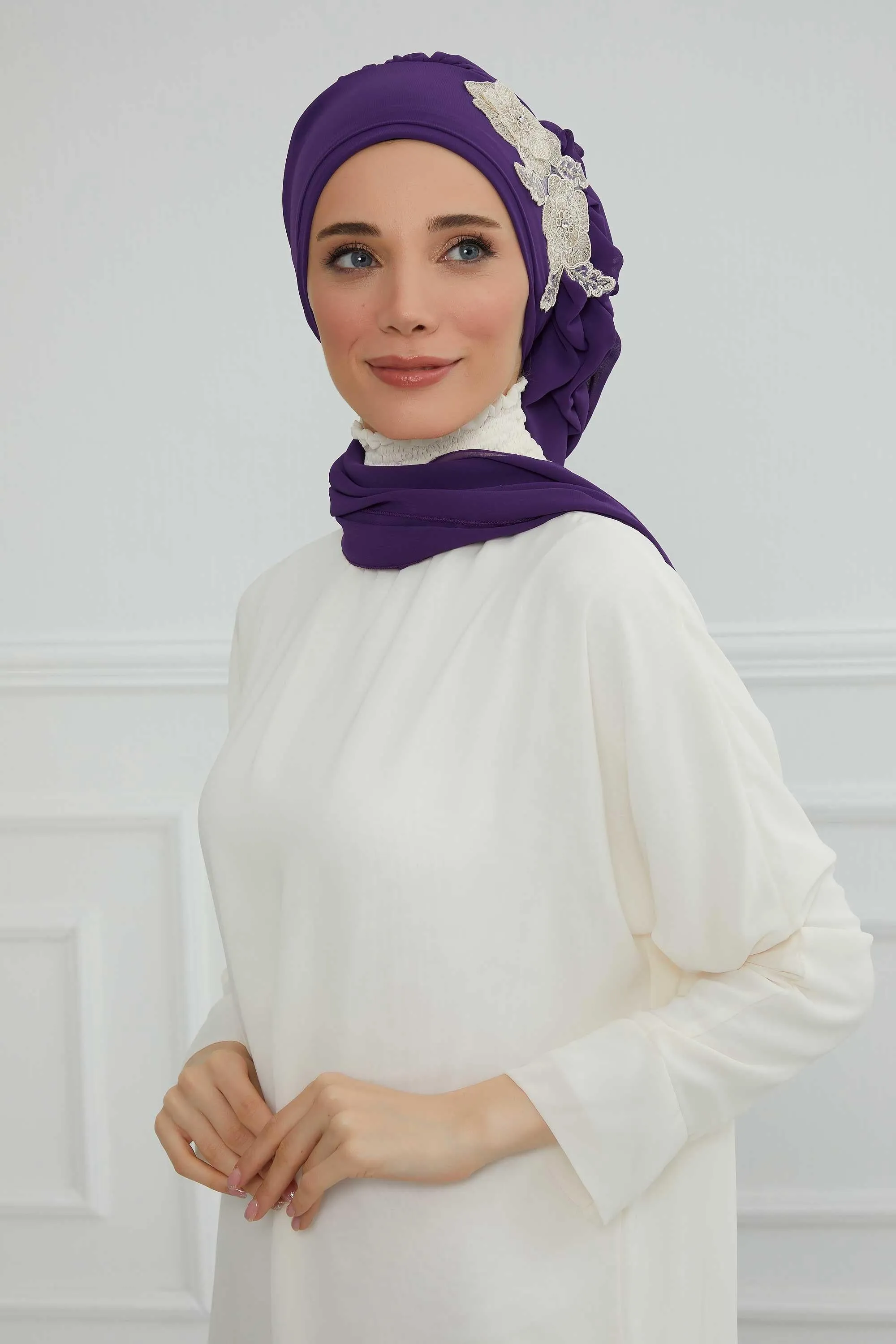 Side Frilled Instant Turban Chiffon Scarf Head Turbans with Unique Flower Accessory For Women Headwear Stylish Elegant Design,HT-102