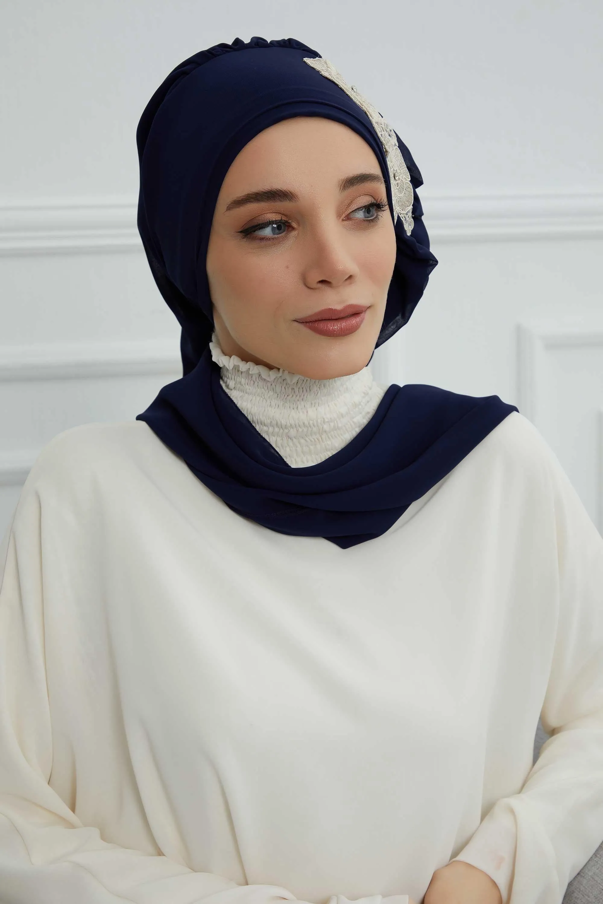 Side Frilled Instant Turban Chiffon Scarf Head Turbans with Unique Flower Accessory For Women Headwear Stylish Elegant Design,HT-102