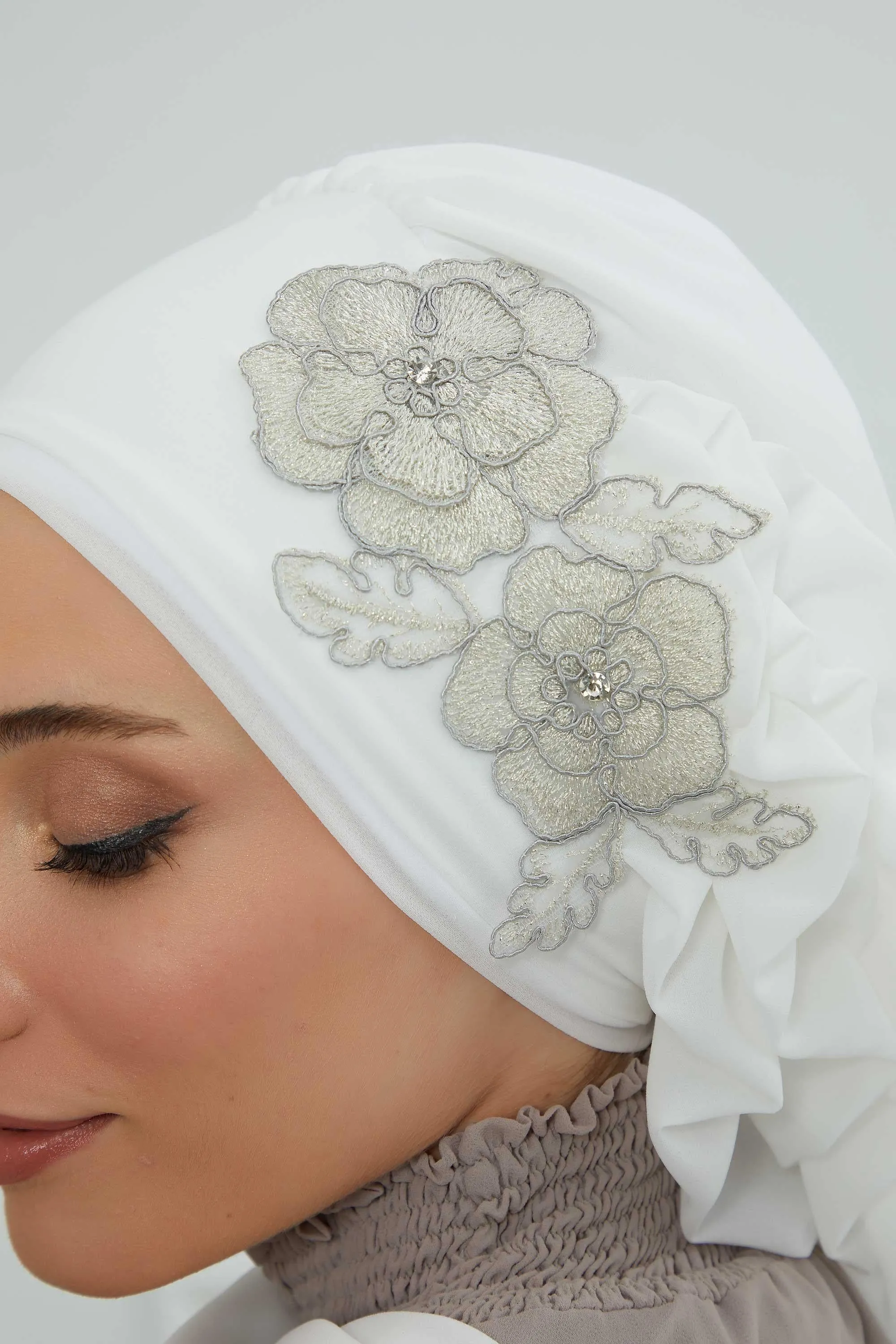 Side Frilled Instant Turban Chiffon Scarf Head Turbans with Unique Flower Accessory For Women Headwear Stylish Elegant Design,HT-102