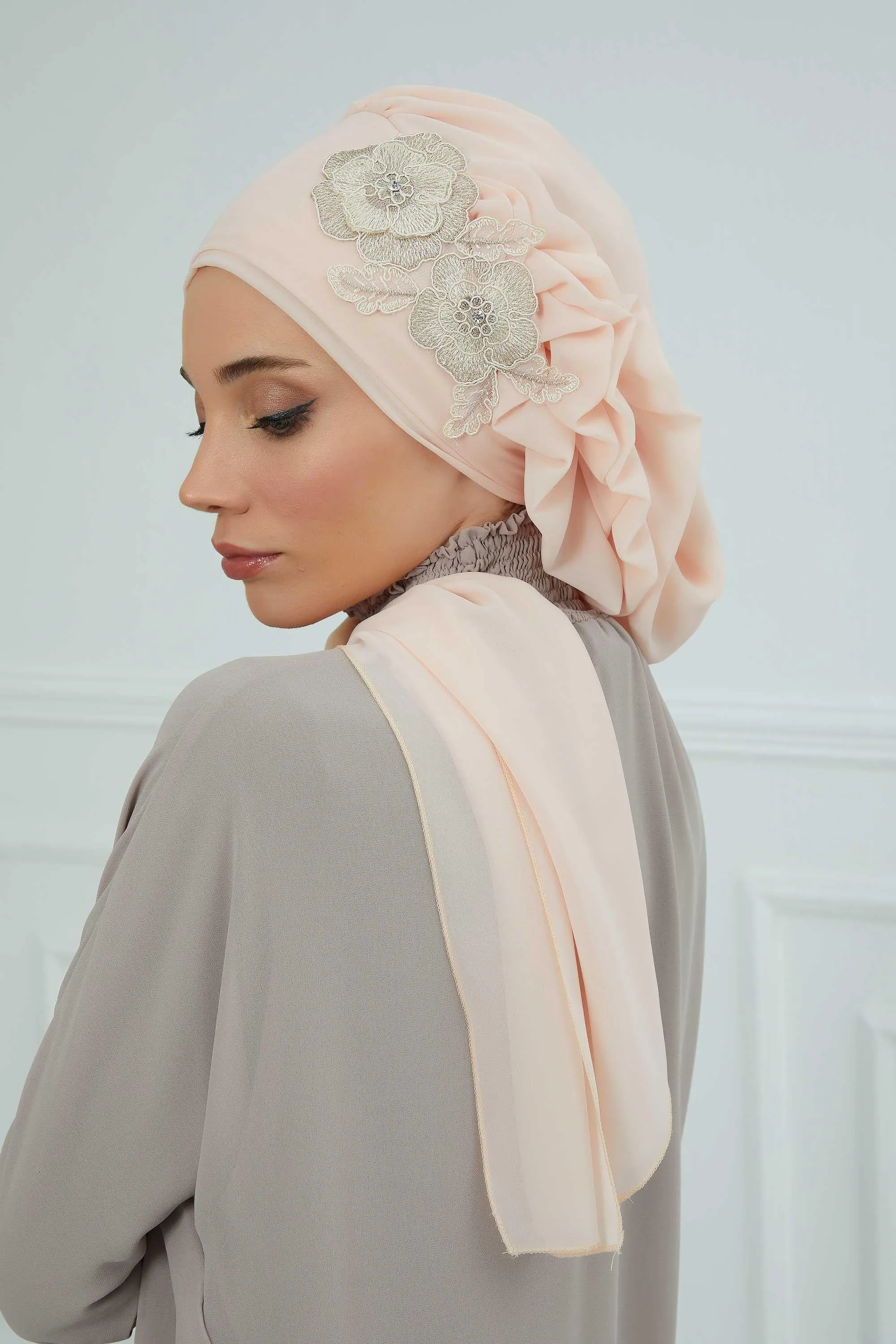 Side Frilled Instant Turban Chiffon Scarf Head Turbans with Unique Flower Accessory For Women Headwear Stylish Elegant Design,HT-102